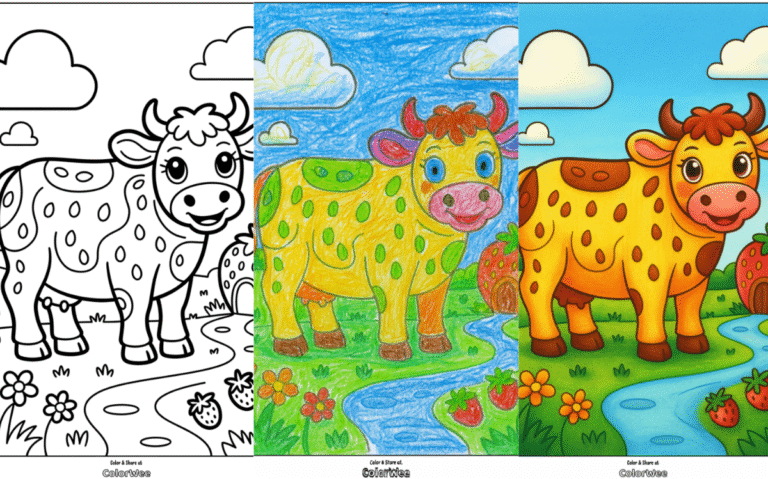 Untitled design 2 Cartoon cow coloring page with strawberries and clouds.