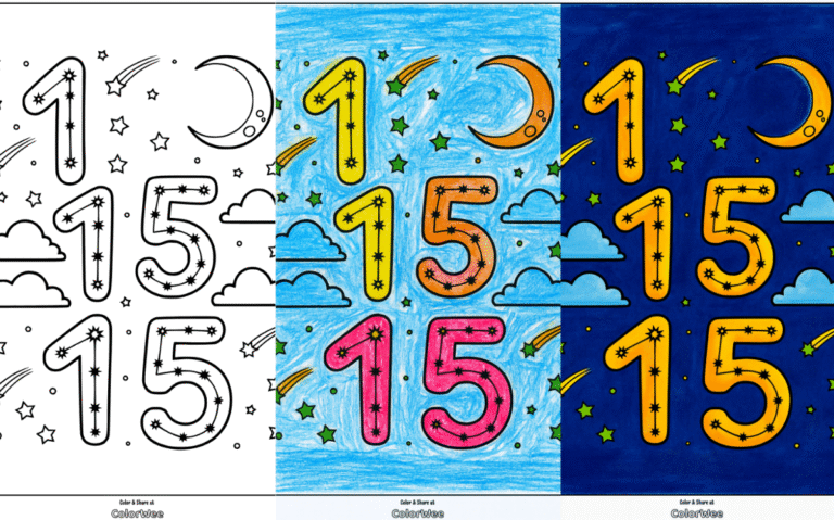 Untitled design 3 Number 15 coloring page with stars, moon, and clouds.