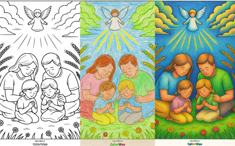 Untitled design Family praying under angel, detailed coloring page.