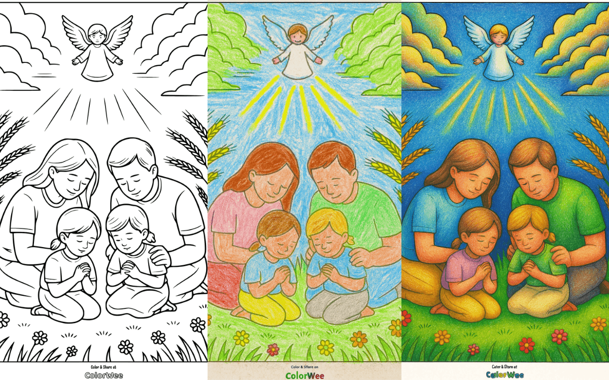 Untitled design Family praying under angel, detailed coloring page.