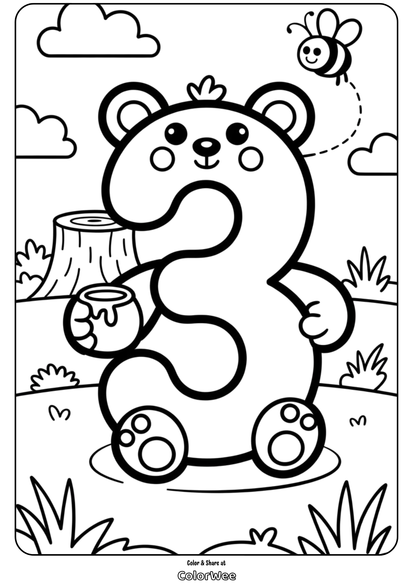 Bear number three coloring page with honey and bee.