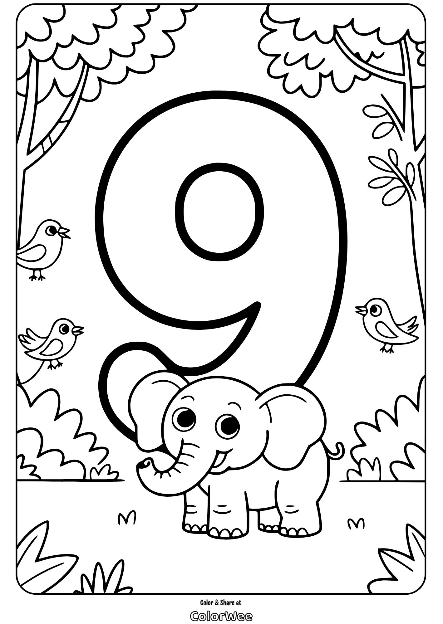 Coloring page with number nine, elephant, and birds in forest.