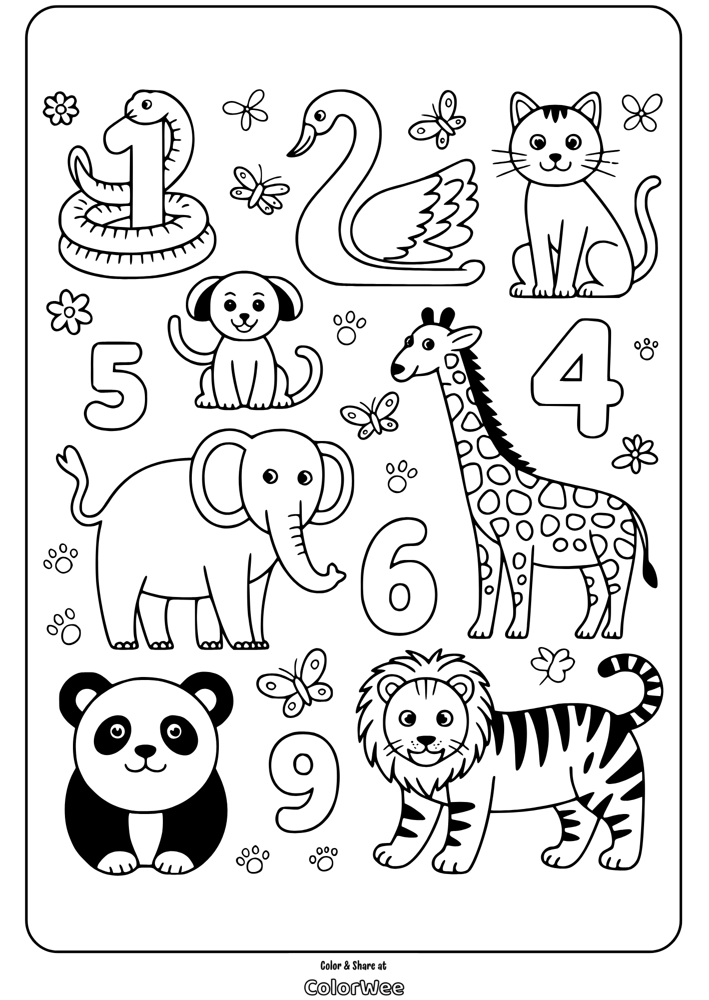 Kids numbers and animals coloring page with cute designs