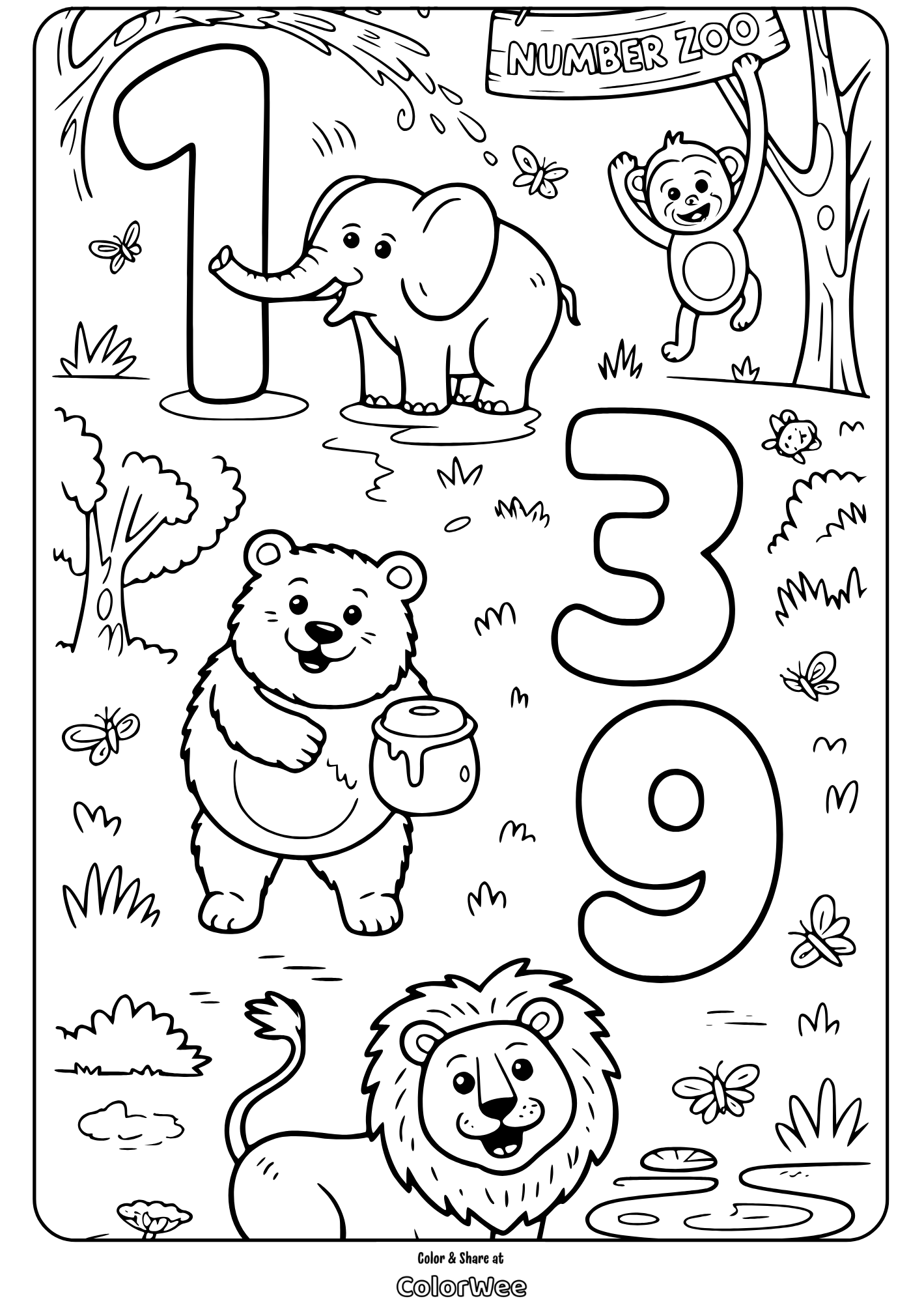 Zoo animals coloring page with numbers 1, 3, 9.