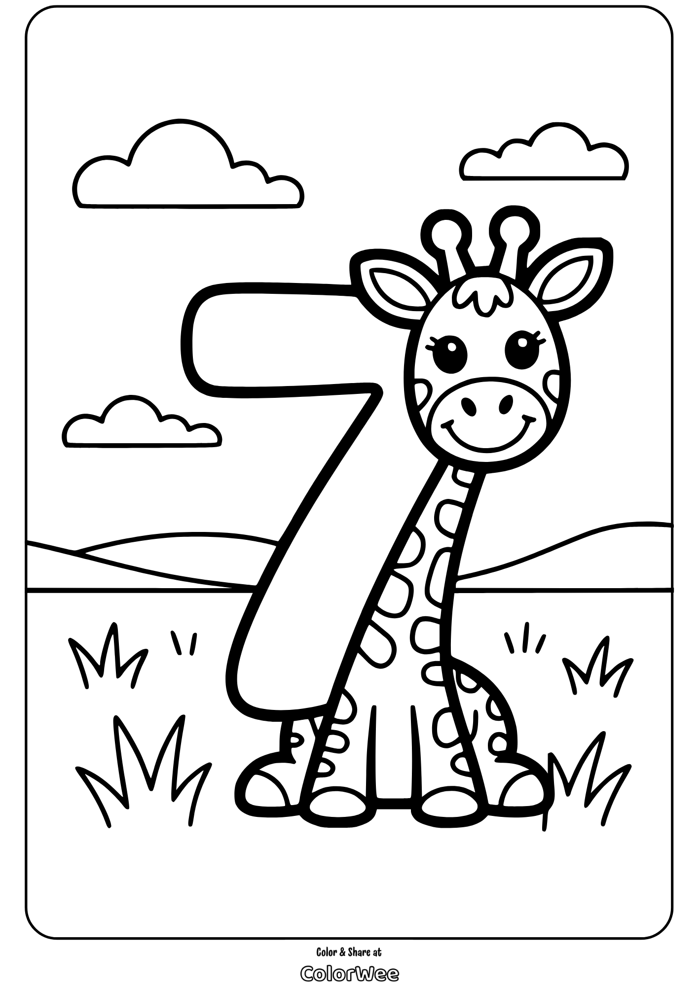 Giraffe with number 7 coloring page for kids.