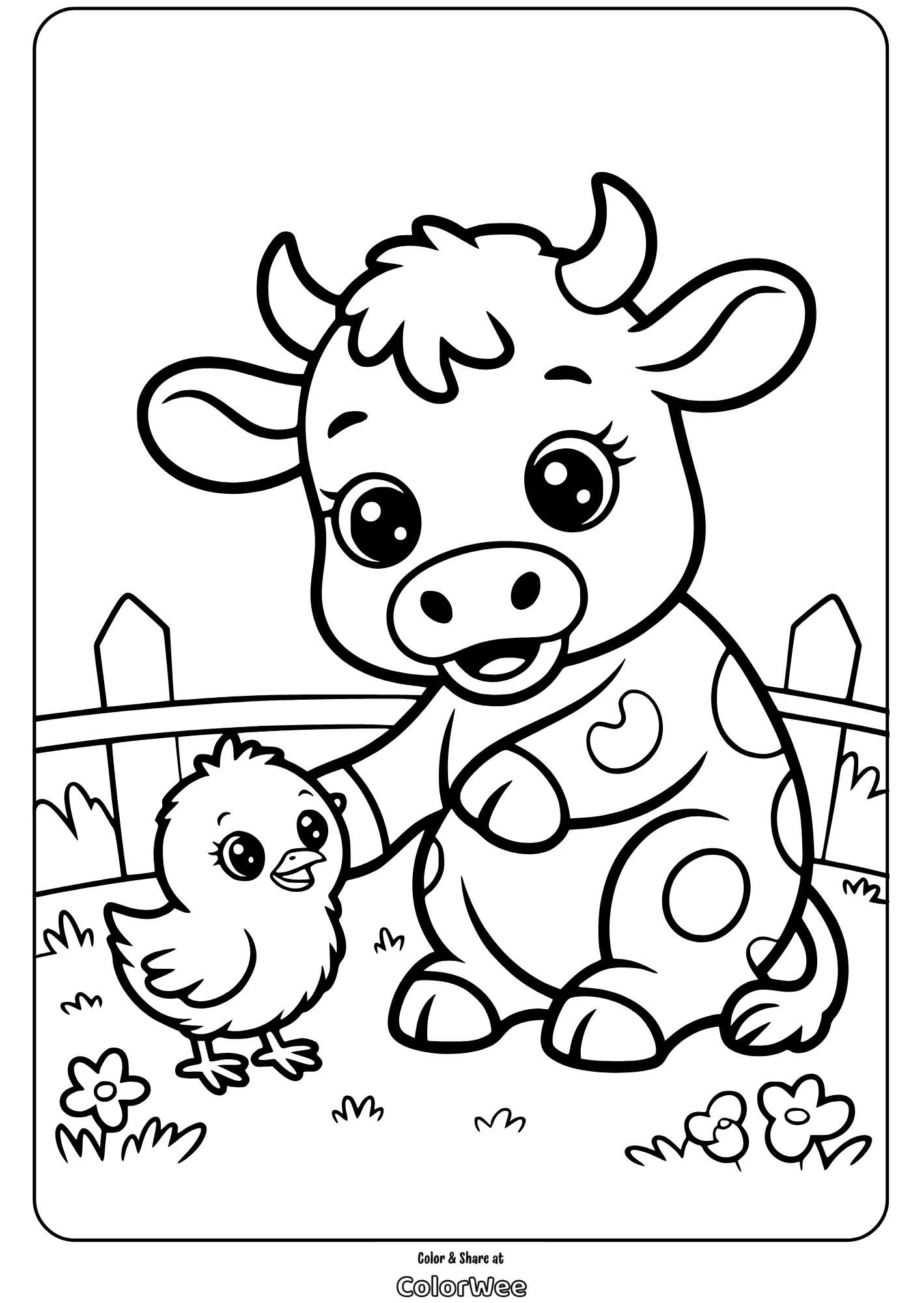 baby cow 3 Cute cow and chick coloring page for kids.