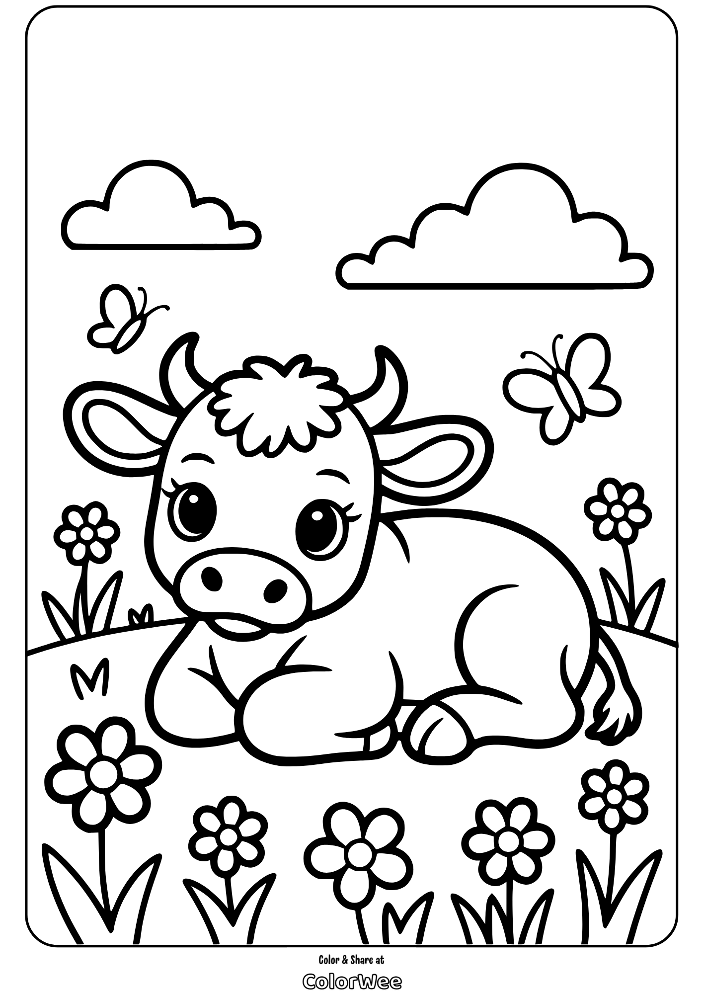 baby cow coloring page 2 Cute cow coloring page with flowers and butterflies.
