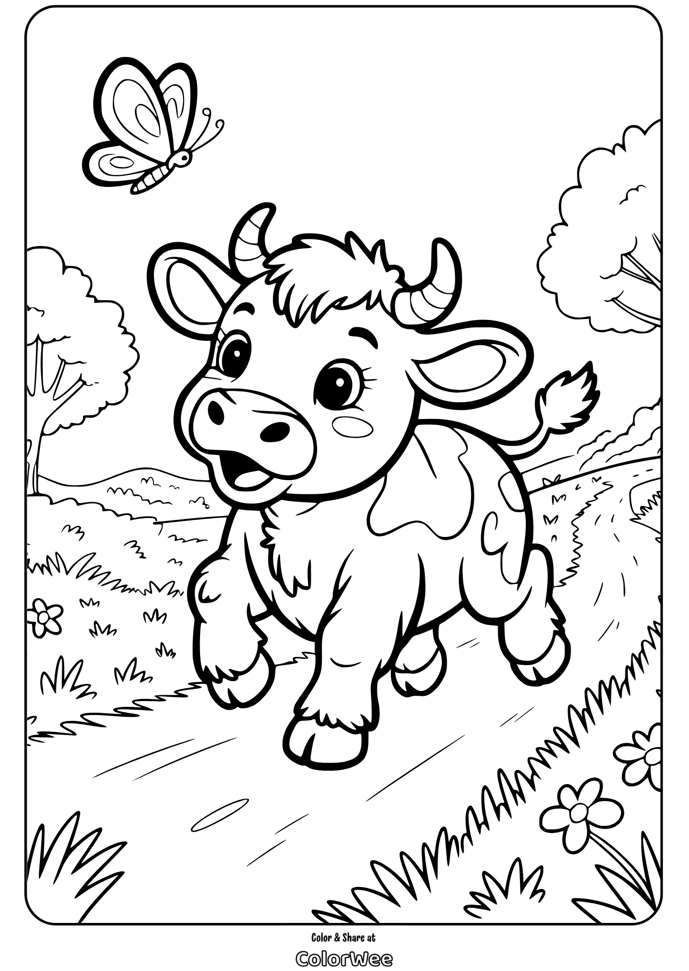 baby cow coloring page 4 Cute cow and butterfly coloring page for kids.