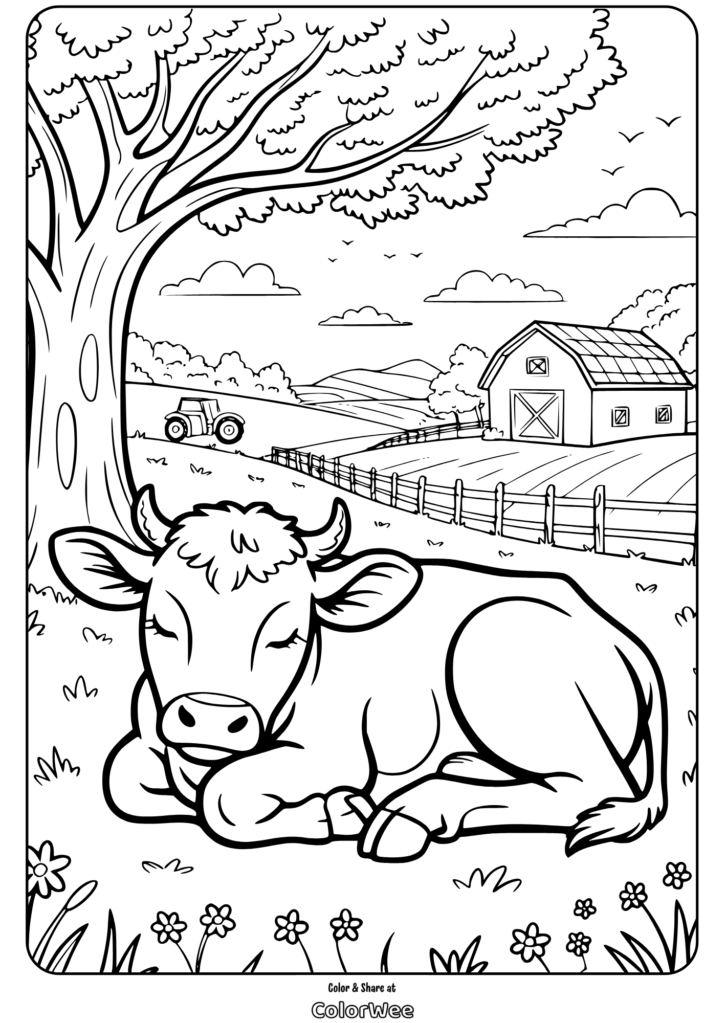 baby cow coloring page 5 Calm cow resting under tree on a farm coloring page.