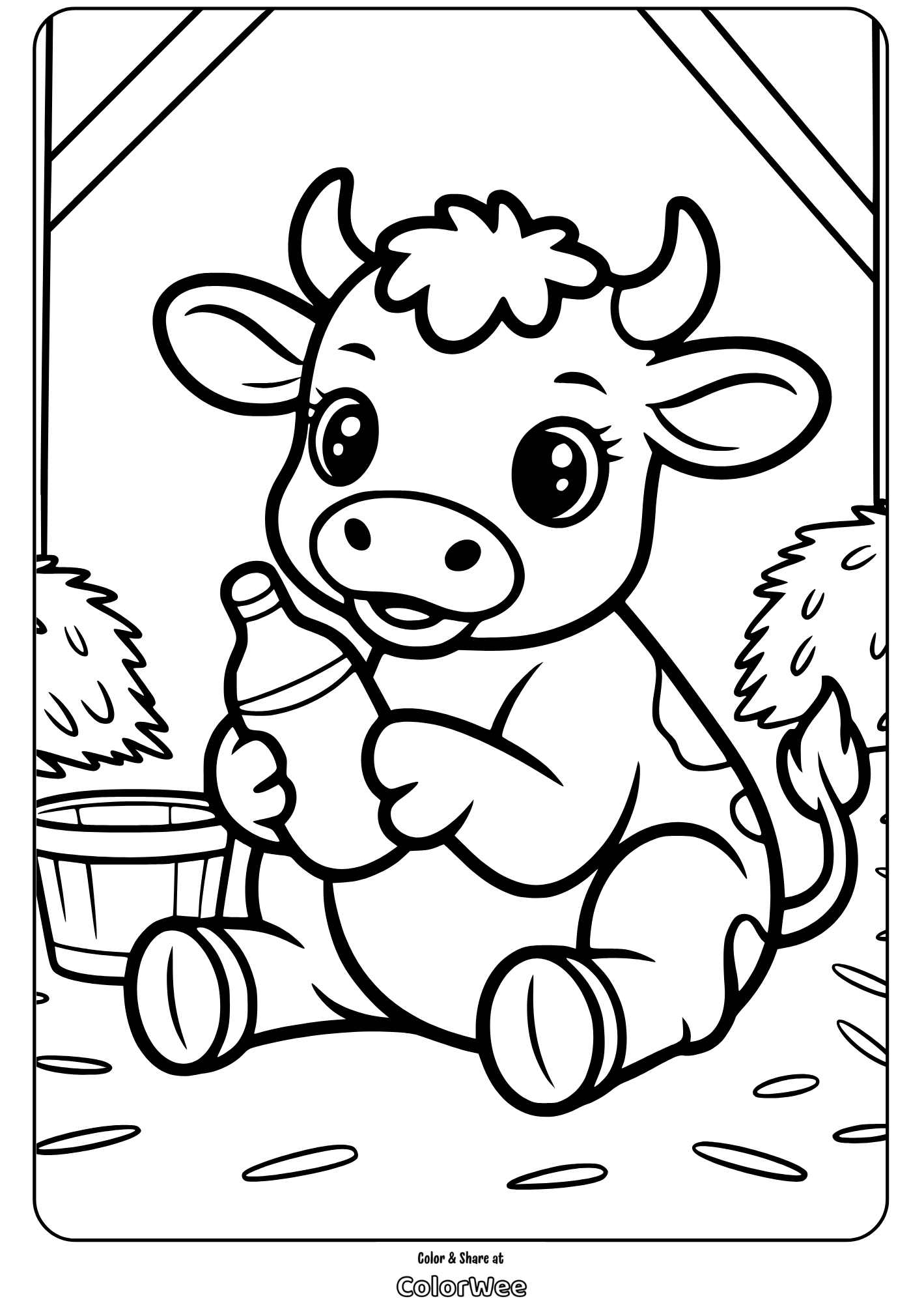 baby cow Cute baby cow with bottle coloring page for kids.