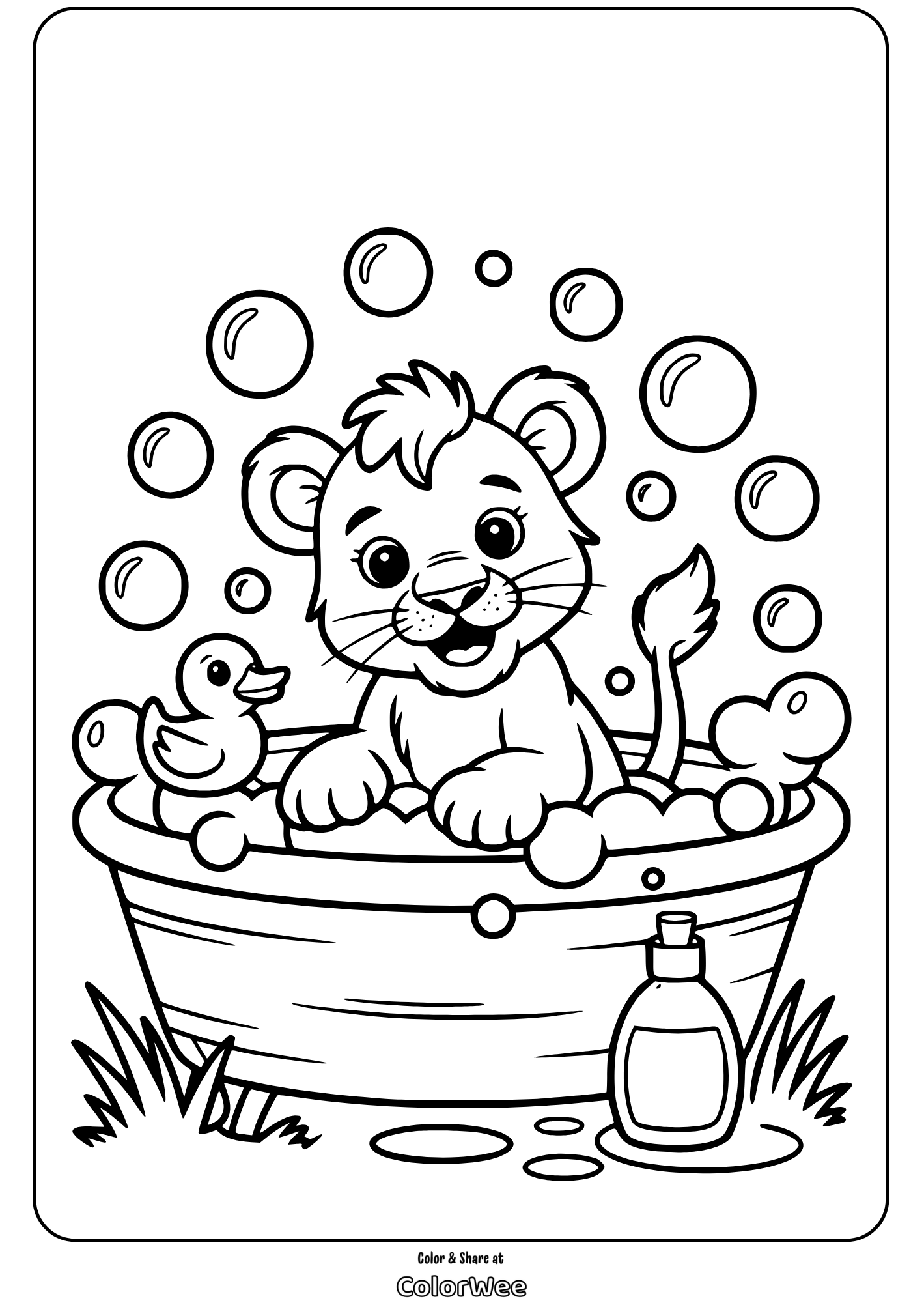 baby lions bubble bath coloring page Cute lion cub in a bathtub coloring page with bubbles and a rubber duck.