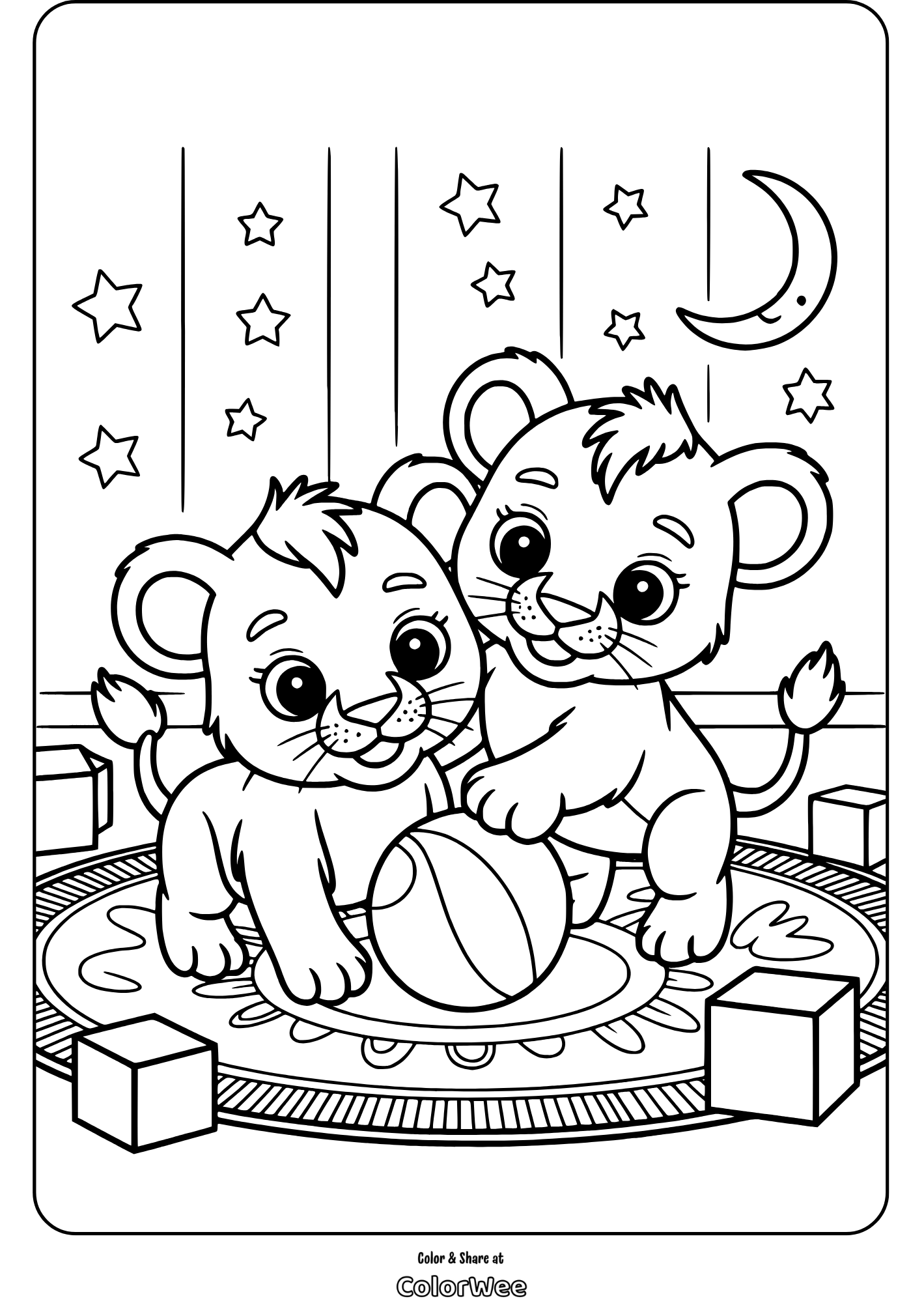 baby lions playing with ball coloring page Cute lion cubs playing with a ball under the stars - coloring page.