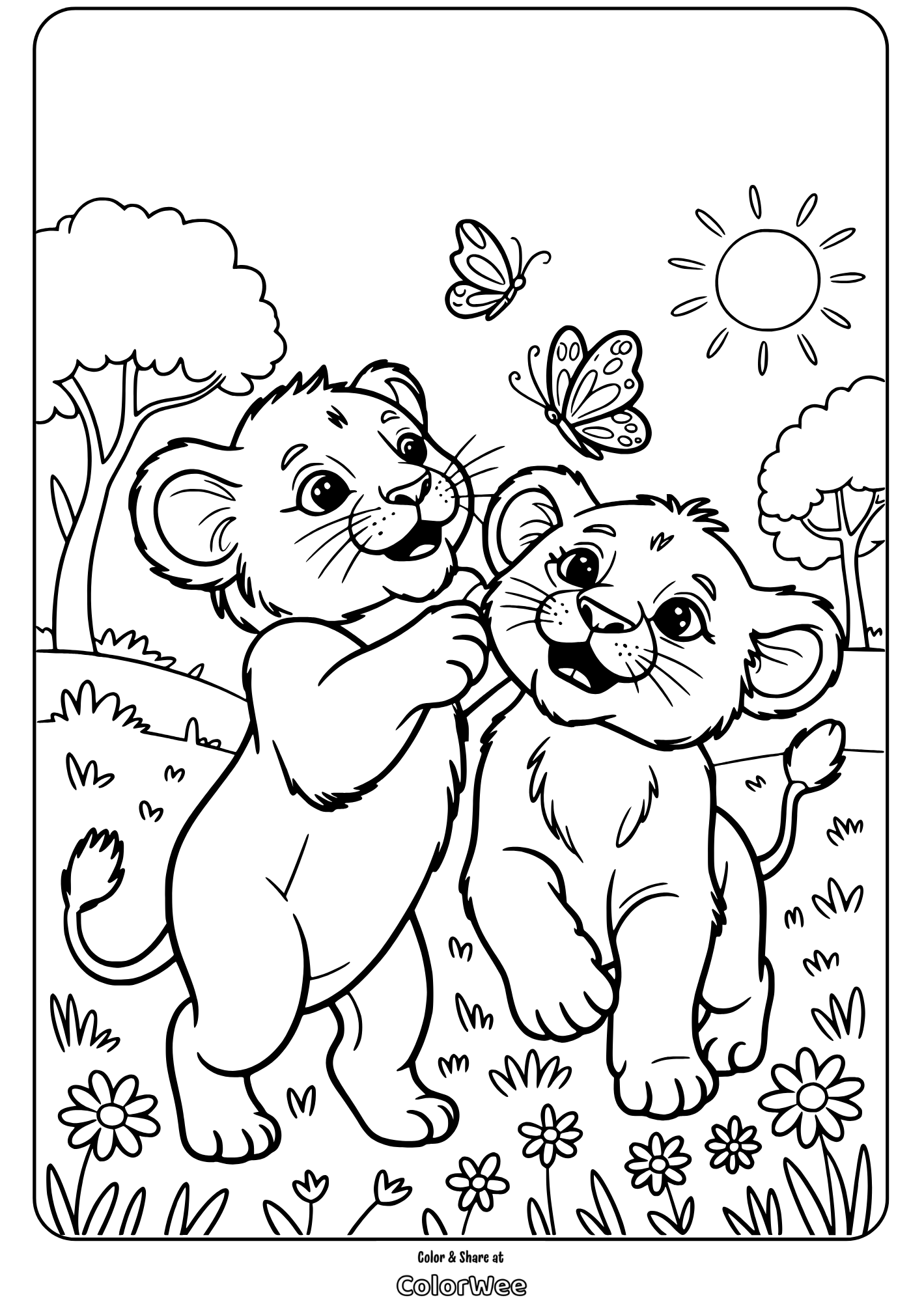 baby lions playing with butterflies coloring page Lion cubs playing under sun and butterflies in a park coloring page.