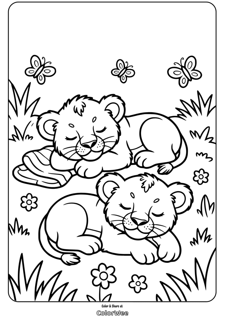 baby lions sleeping coloring page Coloring page: cute sleeping lion cubs in a garden with butterflies