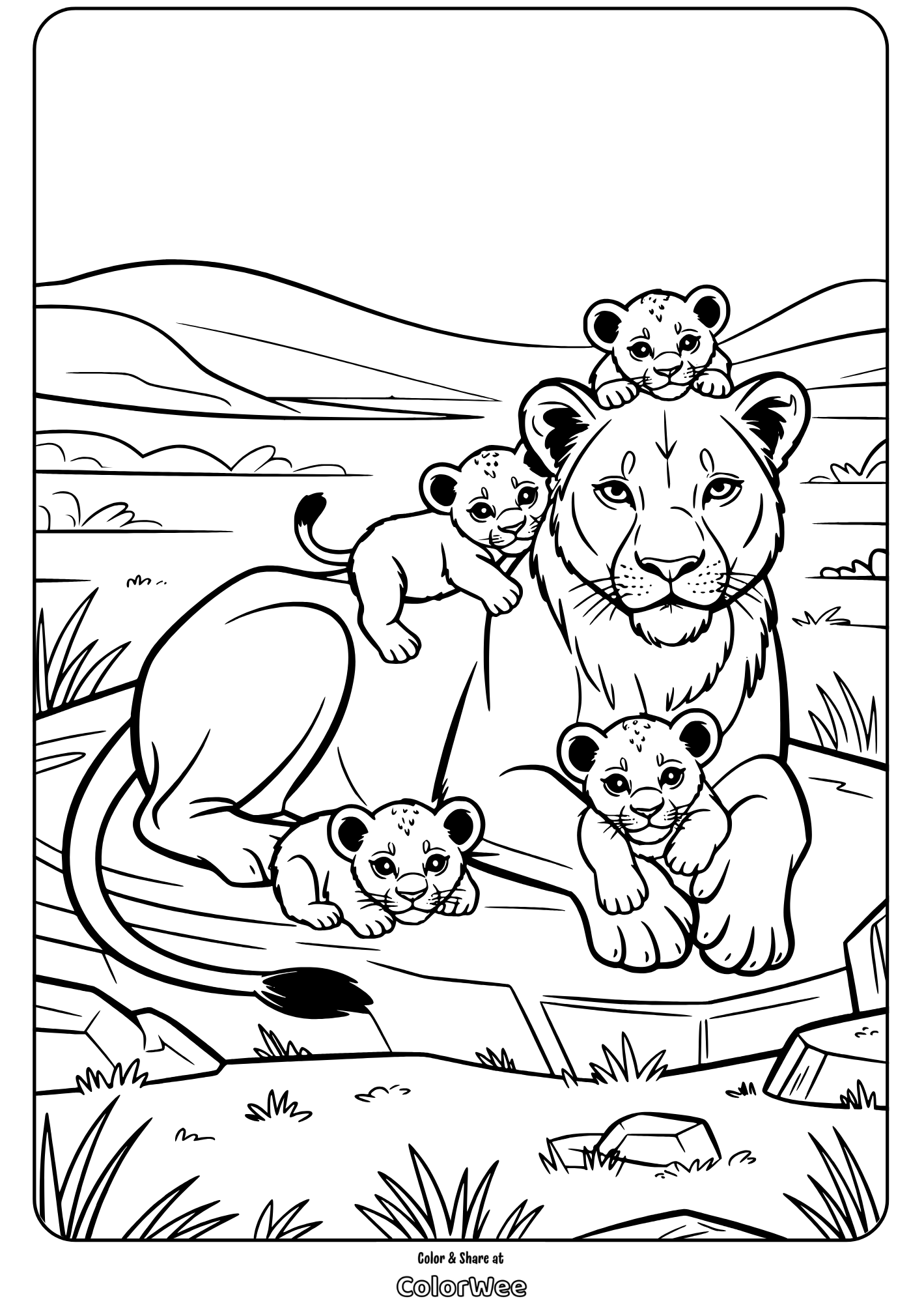 baby lions with mother on rock coloring page Lioness and playful cubs coloring page.