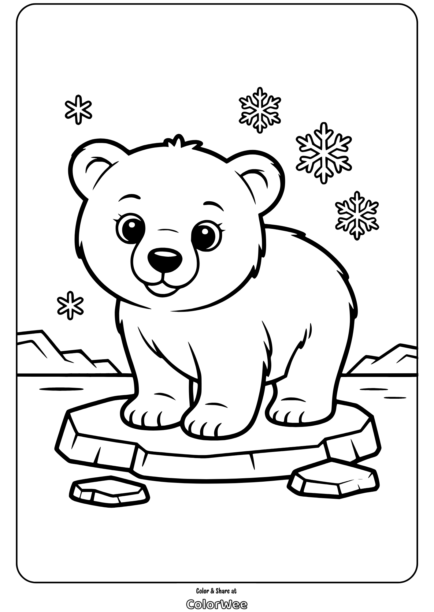 baby polar bear on ice coloring page Cute polar bear on ice with snowflakes coloring page.