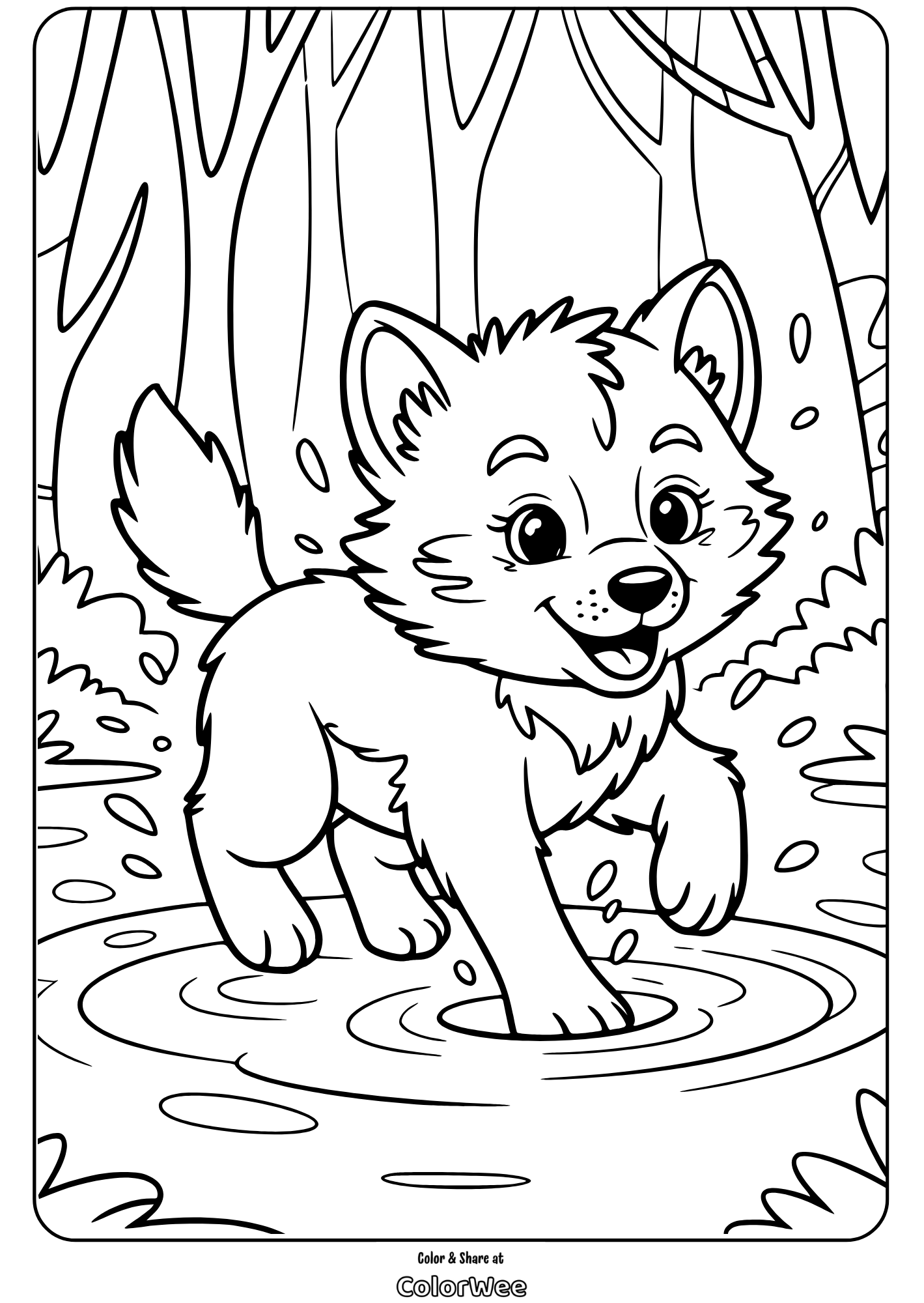 baby wolf pup in forest puddle coloring page Young puppy playing in a forest puddle coloring page.