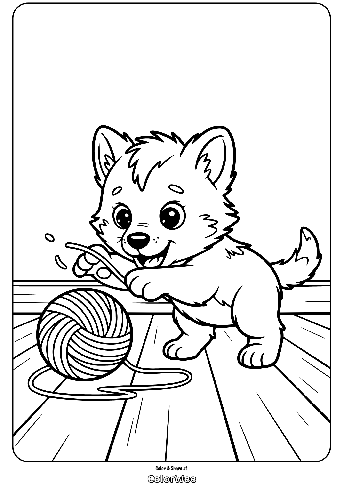 baby wolf pup playing with yarn coloring page Cute puppy plays with yarn ball coloring page.