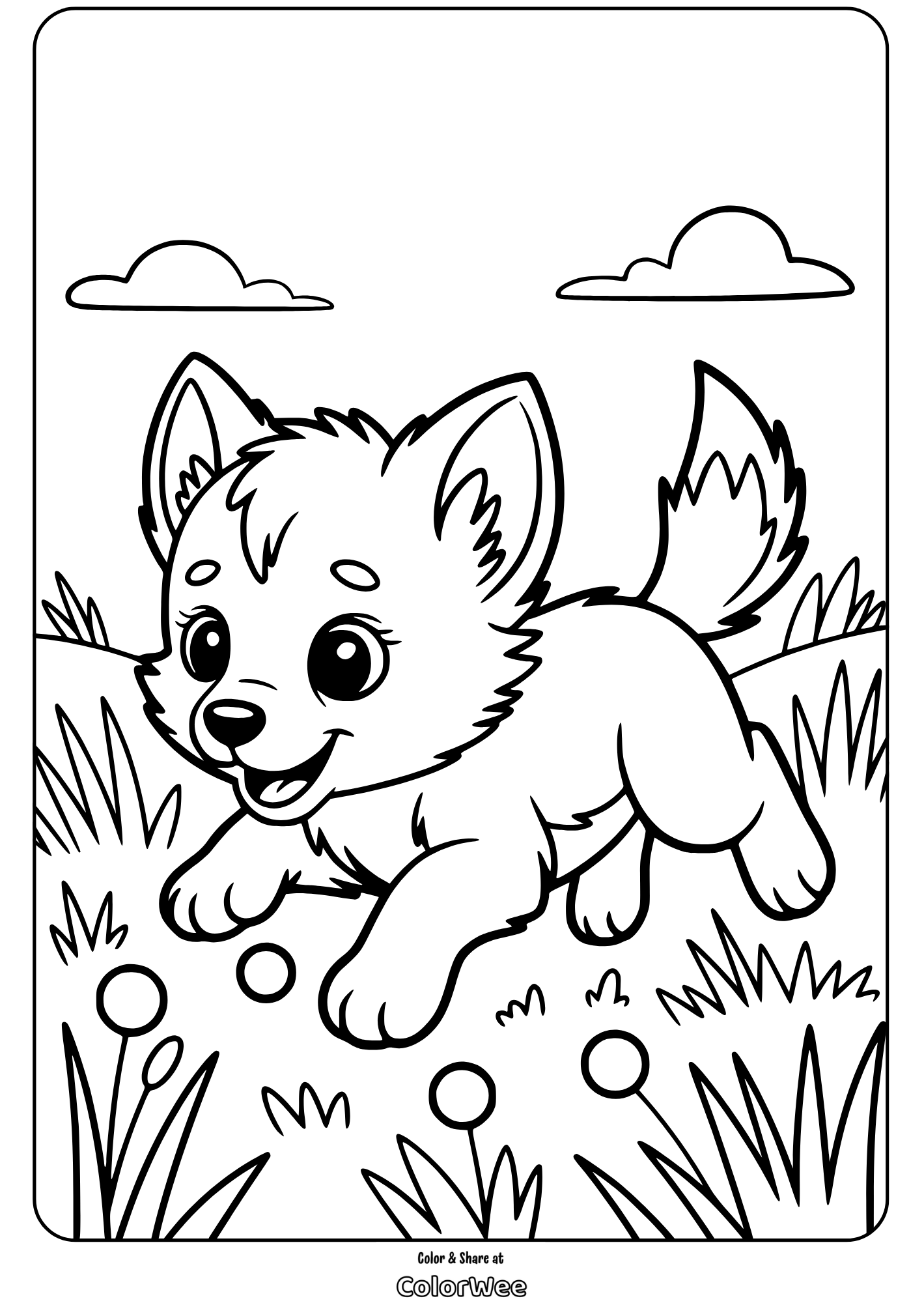 baby wolf pup running in a field coloring page Adorable puppy coloring page for kids and pet lovers