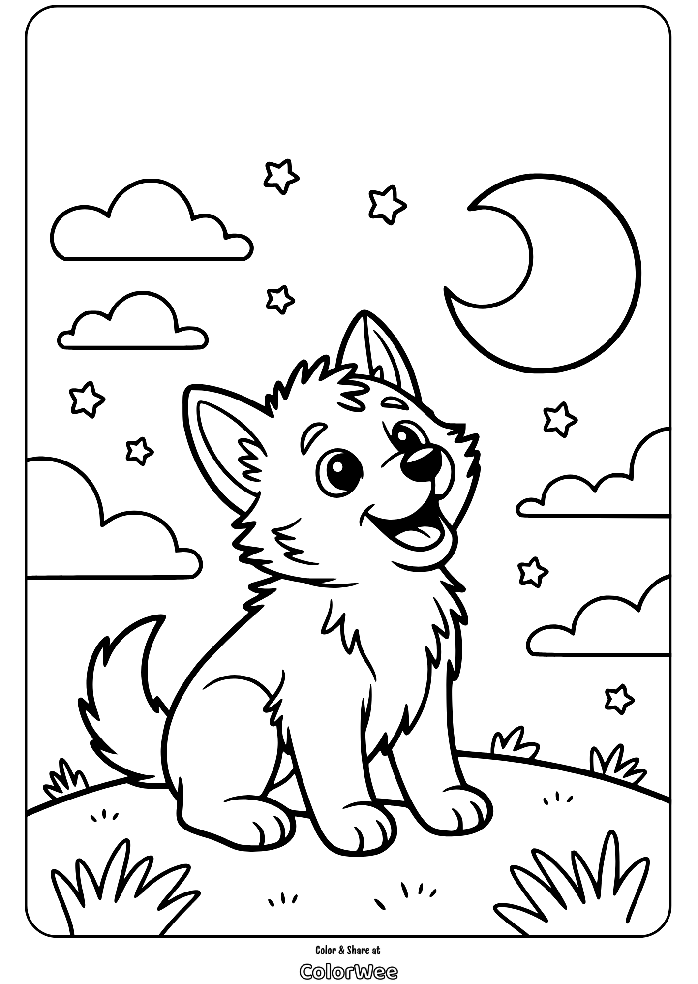 baby wolf pup under moon and stars coloring page Cute puppy on a hill under moon and stars coloring page.