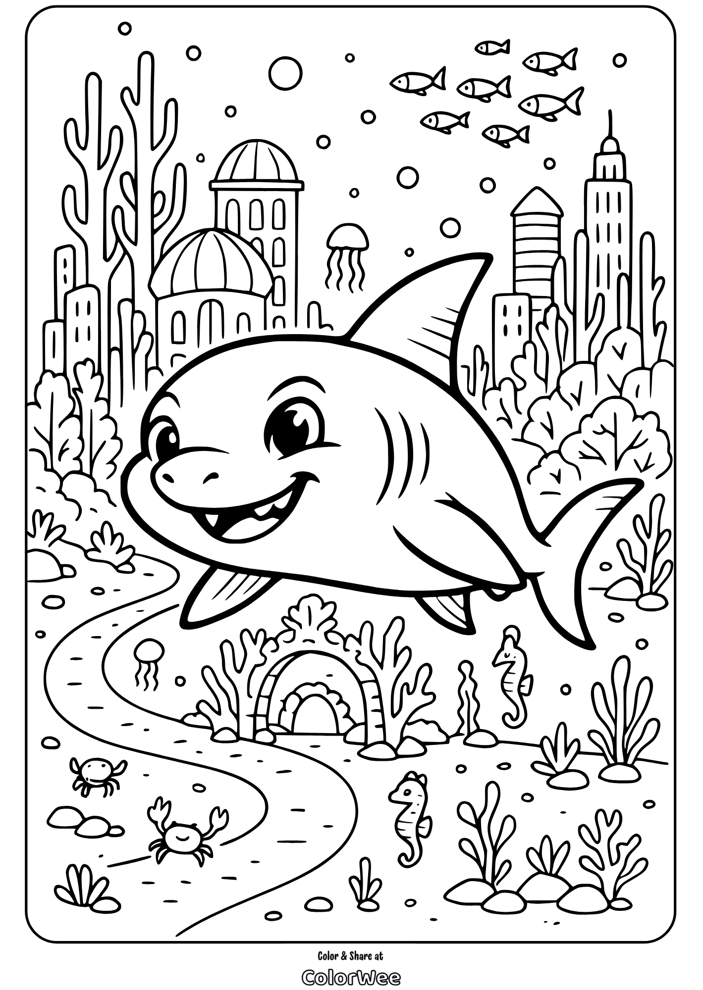 Friendly shark in underwater city coloring page.