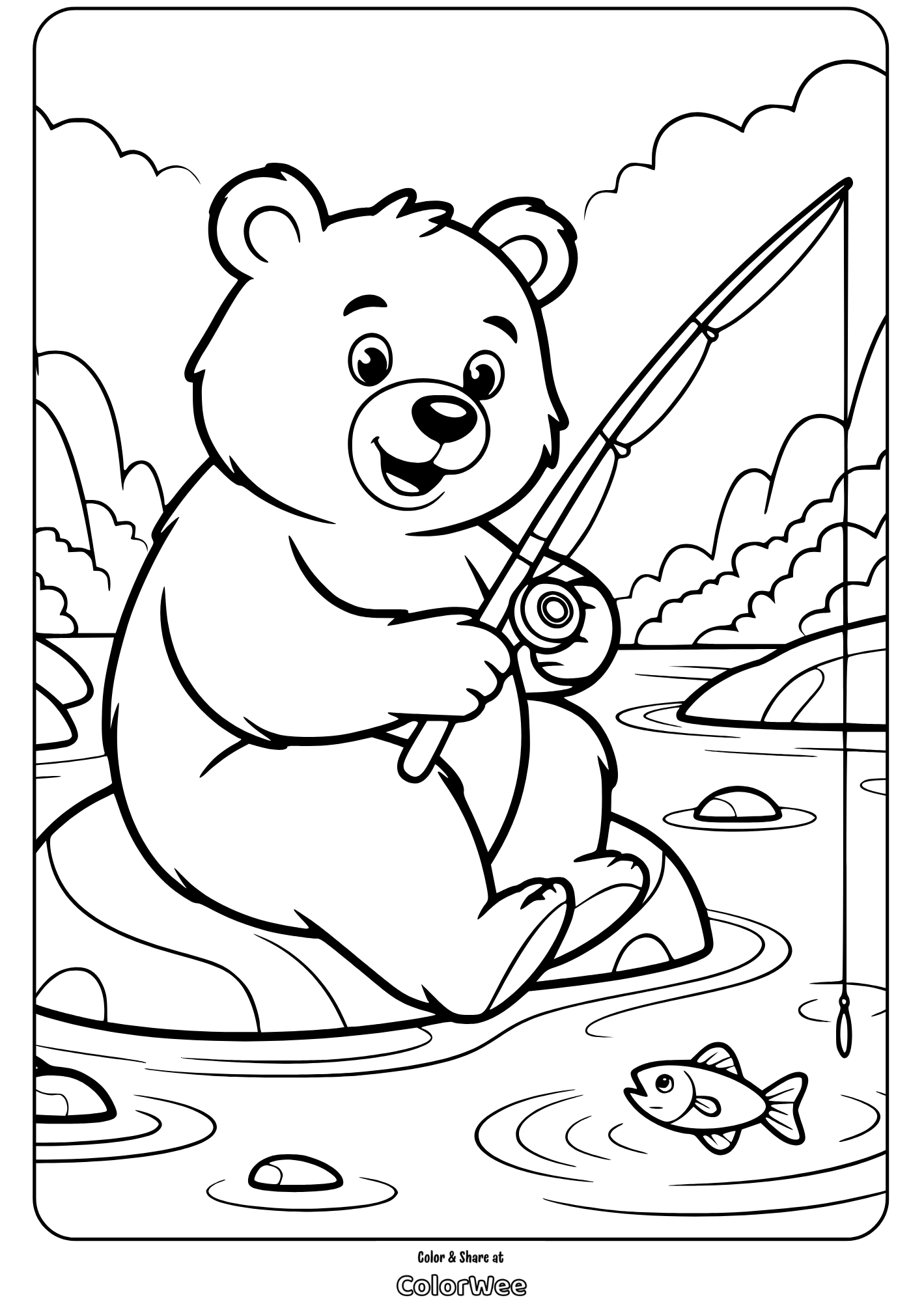 bear fishing coloring page Happy bear fishing by river coloring page for kids.