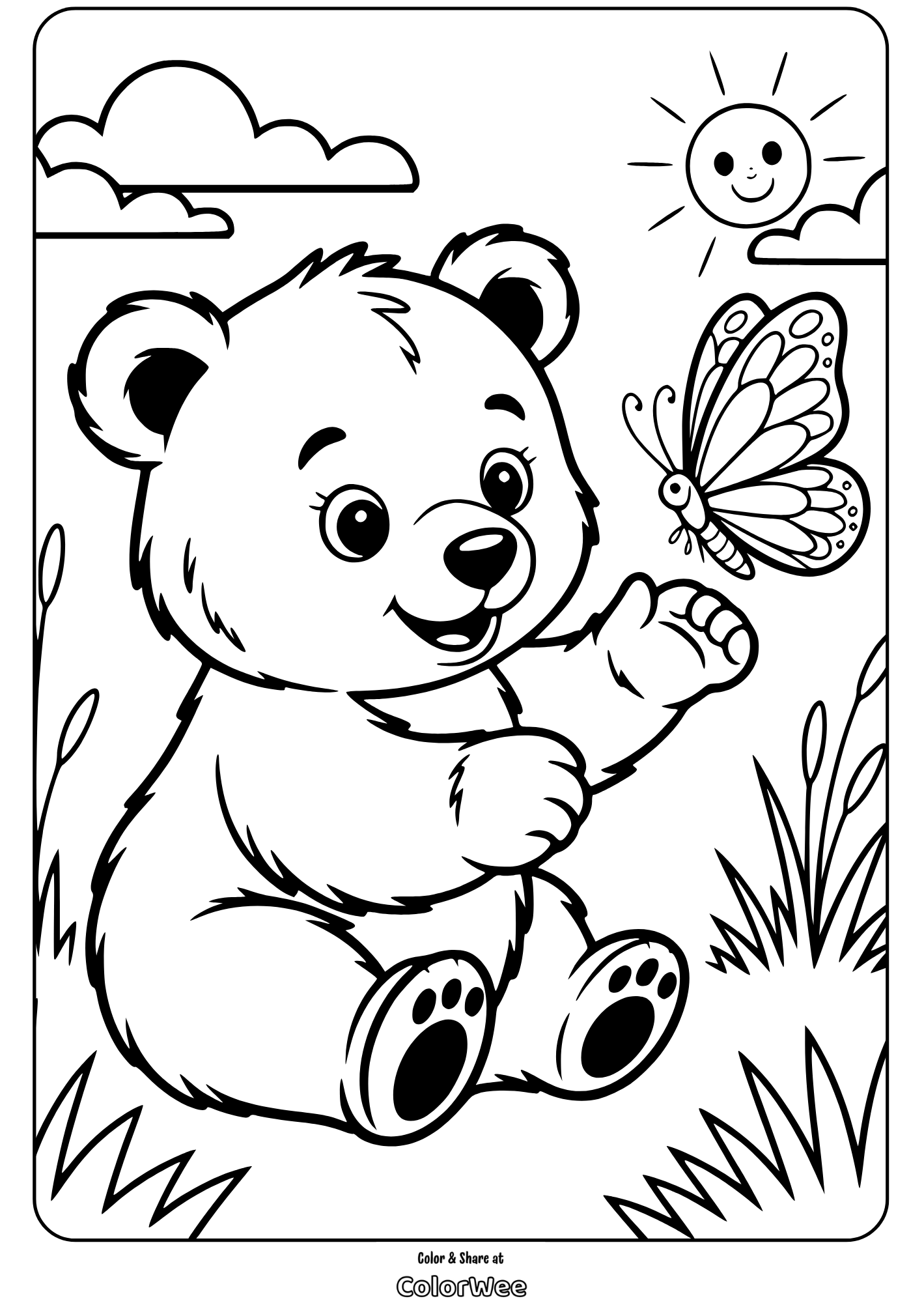 bear with butterfly coloring page Cute bear with butterfly coloring page for kids.
