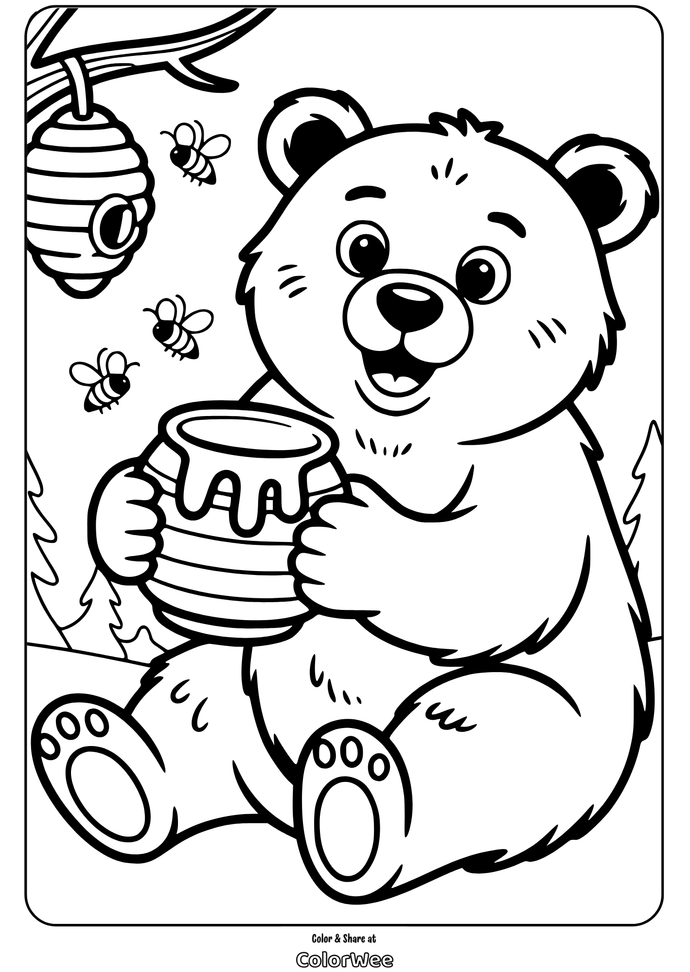 bear with honey and bees coloring page Cute bear with honey jar and buzzing bees coloring page.