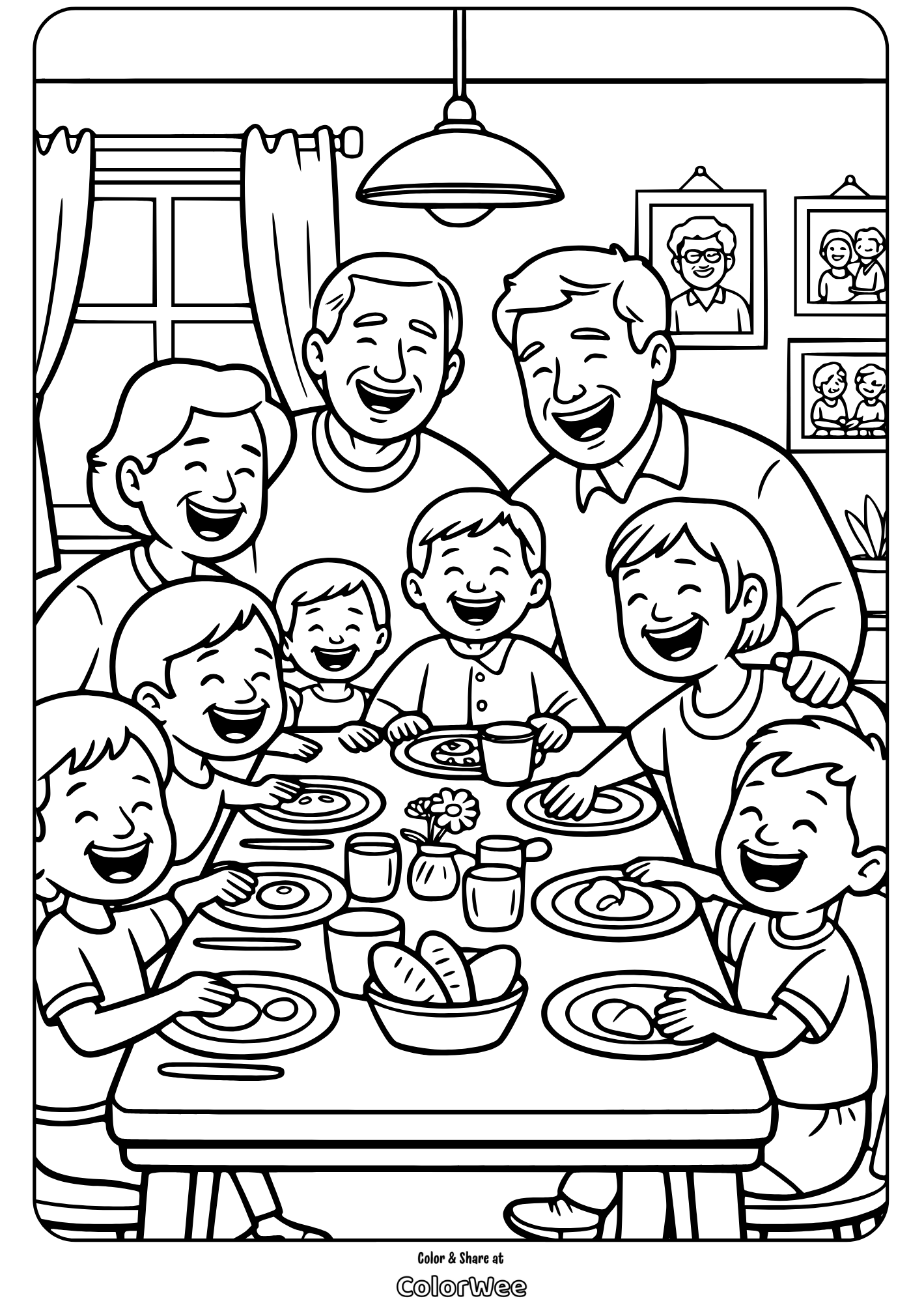big family thanksgiving feast coloring page Family dinner coloring page with kids and adults smiling at table.