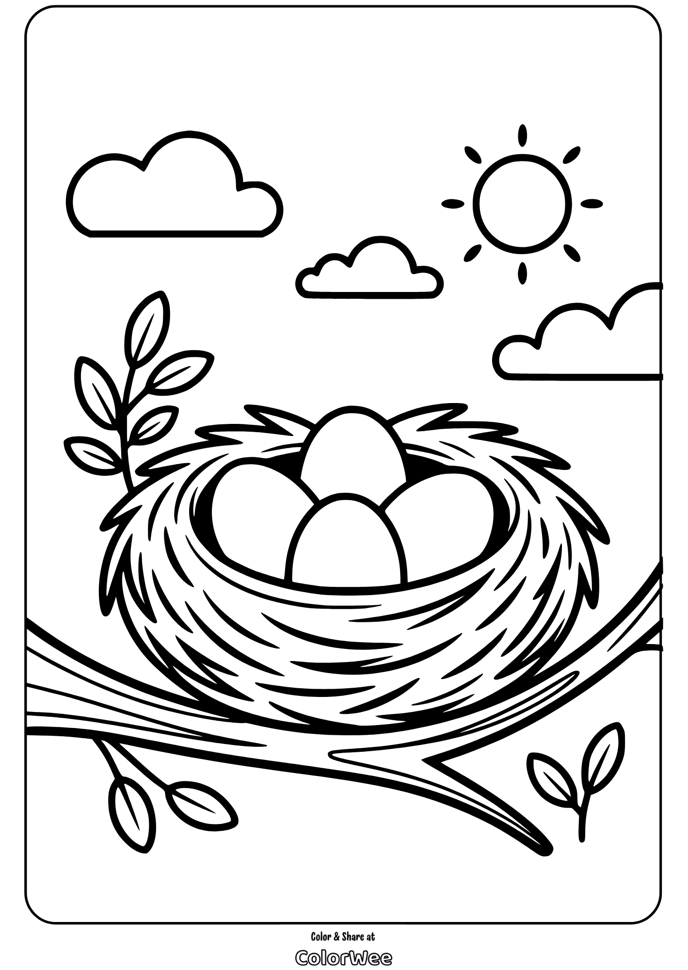 bird nest with four eggs Bird eggs in a nest on a tree branch coloring page.