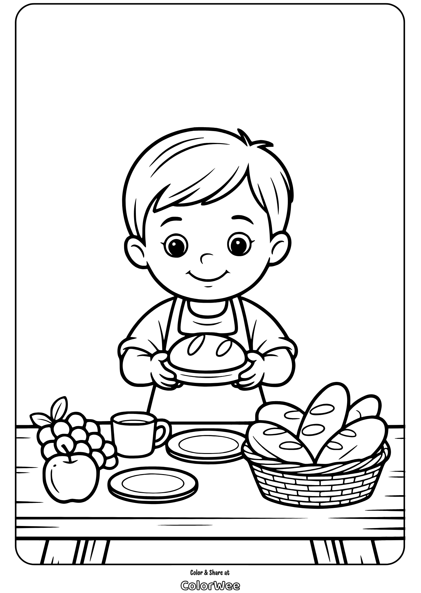 boy with bread coloring page Child holding bread at table with fruits and basket, coloring page.