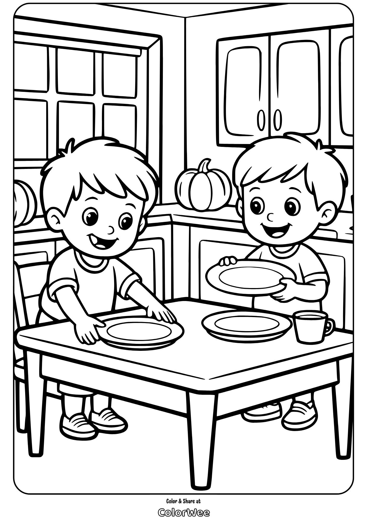 boys setting table thanksgiving coloring page Boys setting a table in a cozy kitchen coloring page.