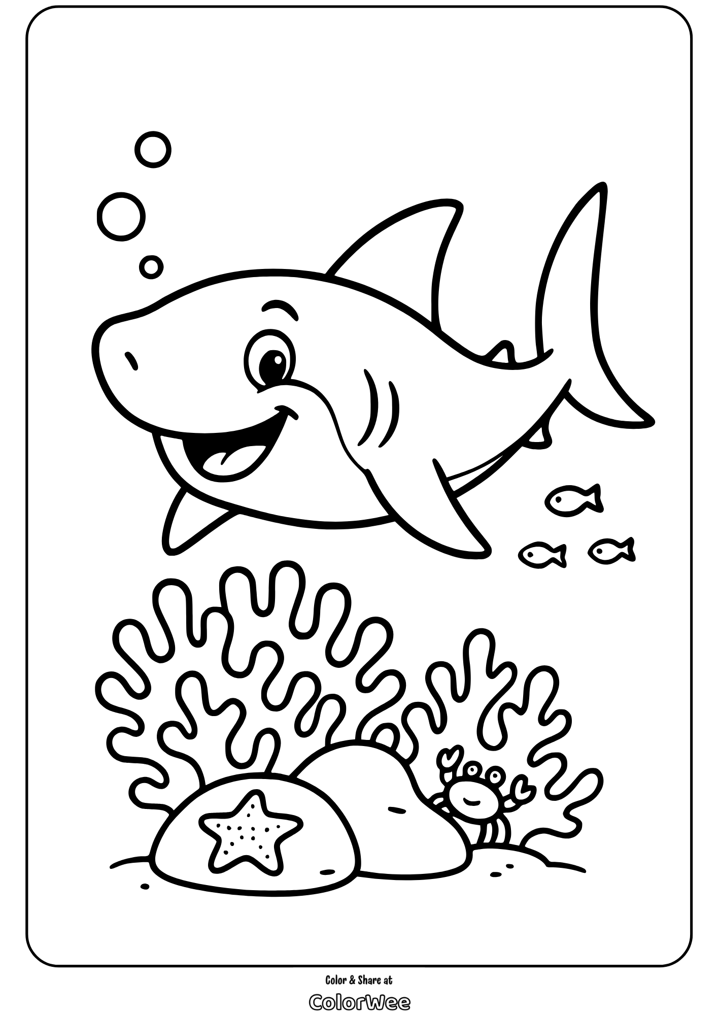 bull shark coral reef smile easy Happy shark swimming with fish and coral on a coloring page.