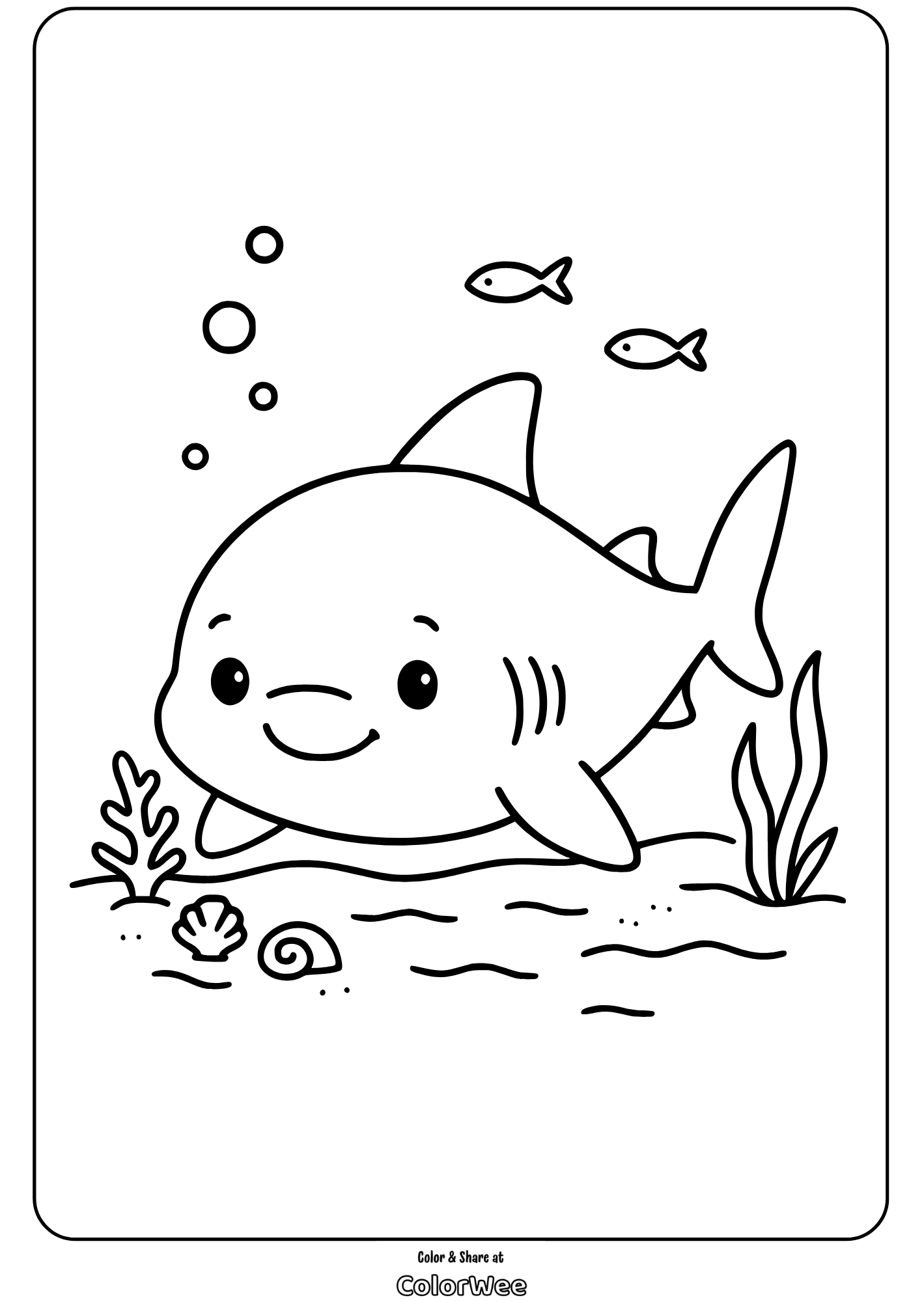 bull shark sandy ocean easy Cute shark coloring page with fish and sea plants.