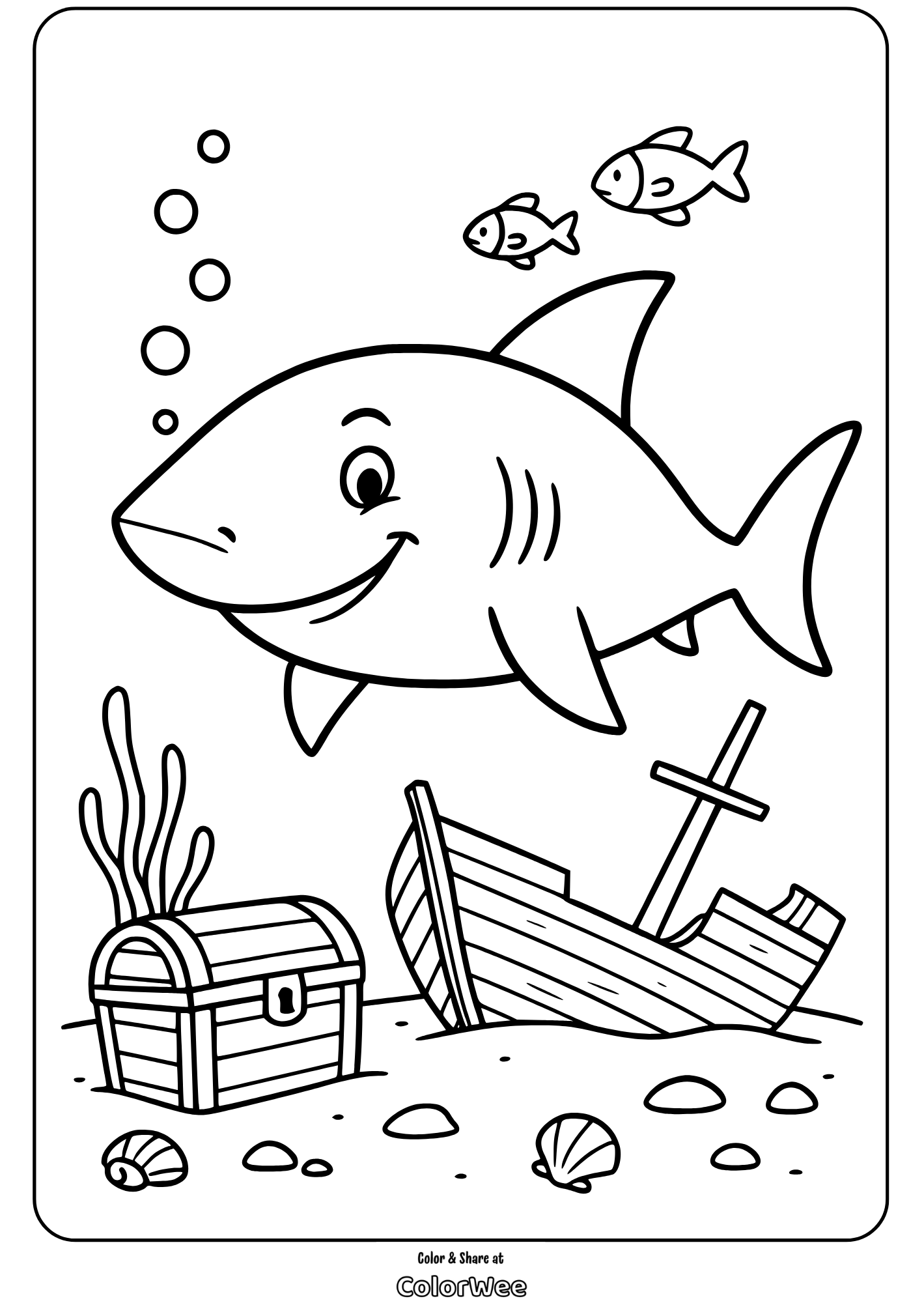 Smiling shark and treasure coloring page with fish and shipwreck.