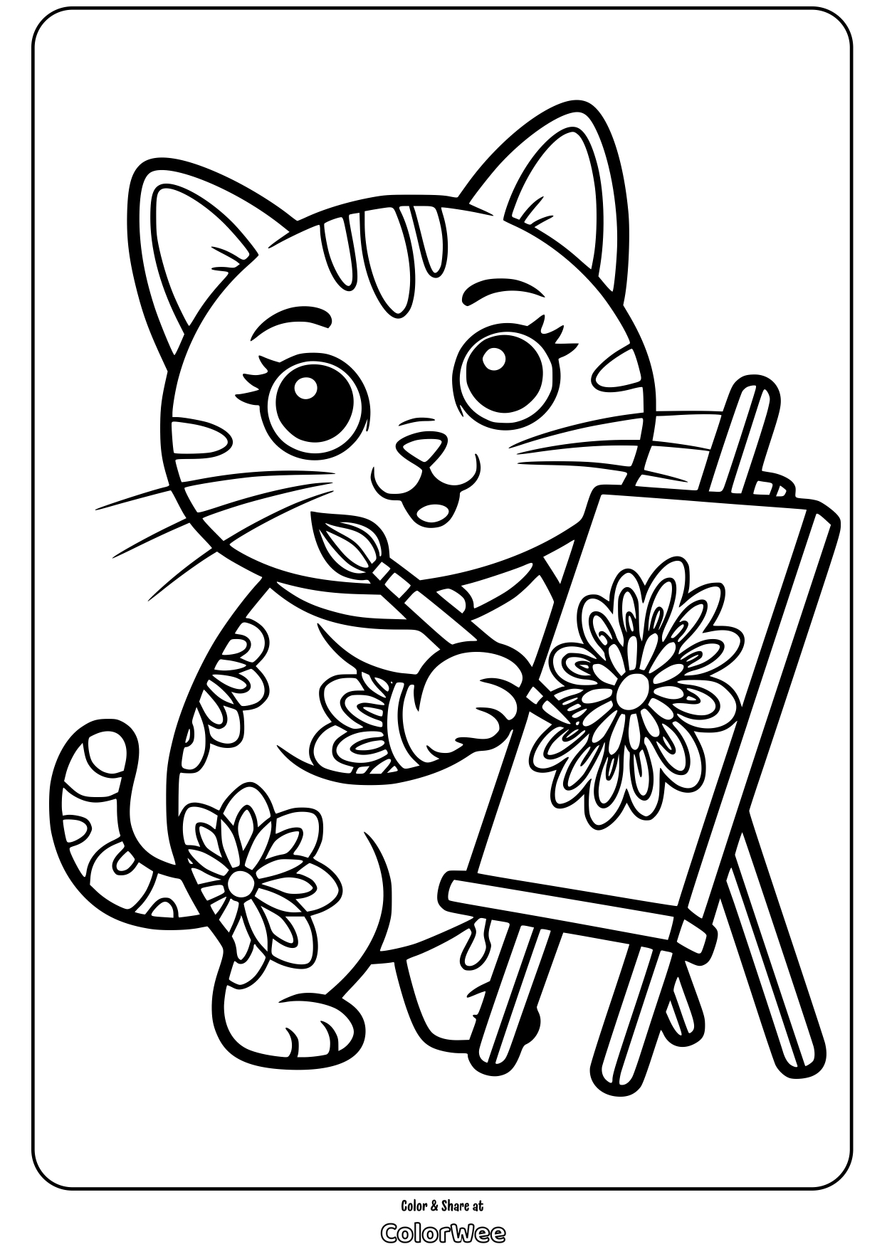 cat painting flower animal mandala coloring page Coloring page of a cat painting a flower on a canvas