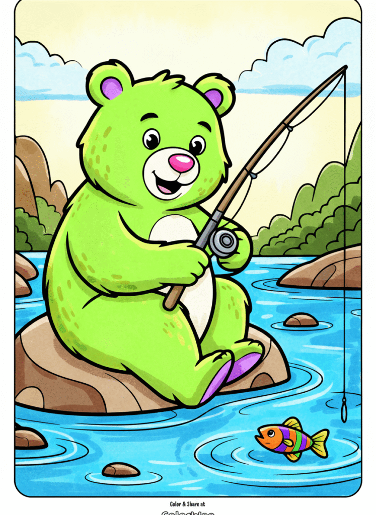 child coloring with watermark Green bear fishing by a river, coloring page for kids.