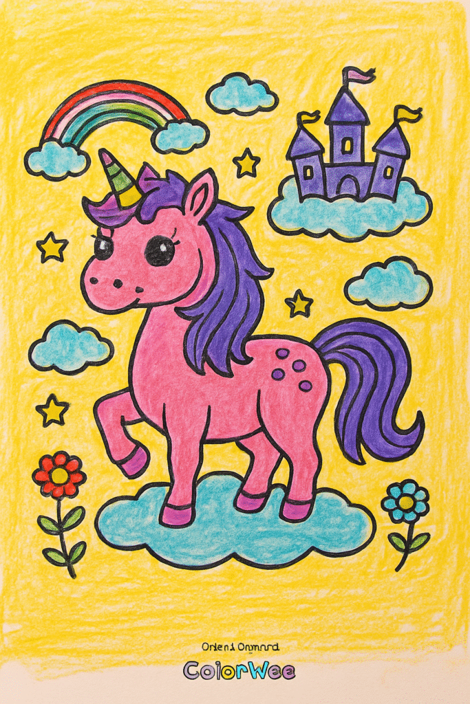 Unicorn coloring page with rainbow and castle scenery.