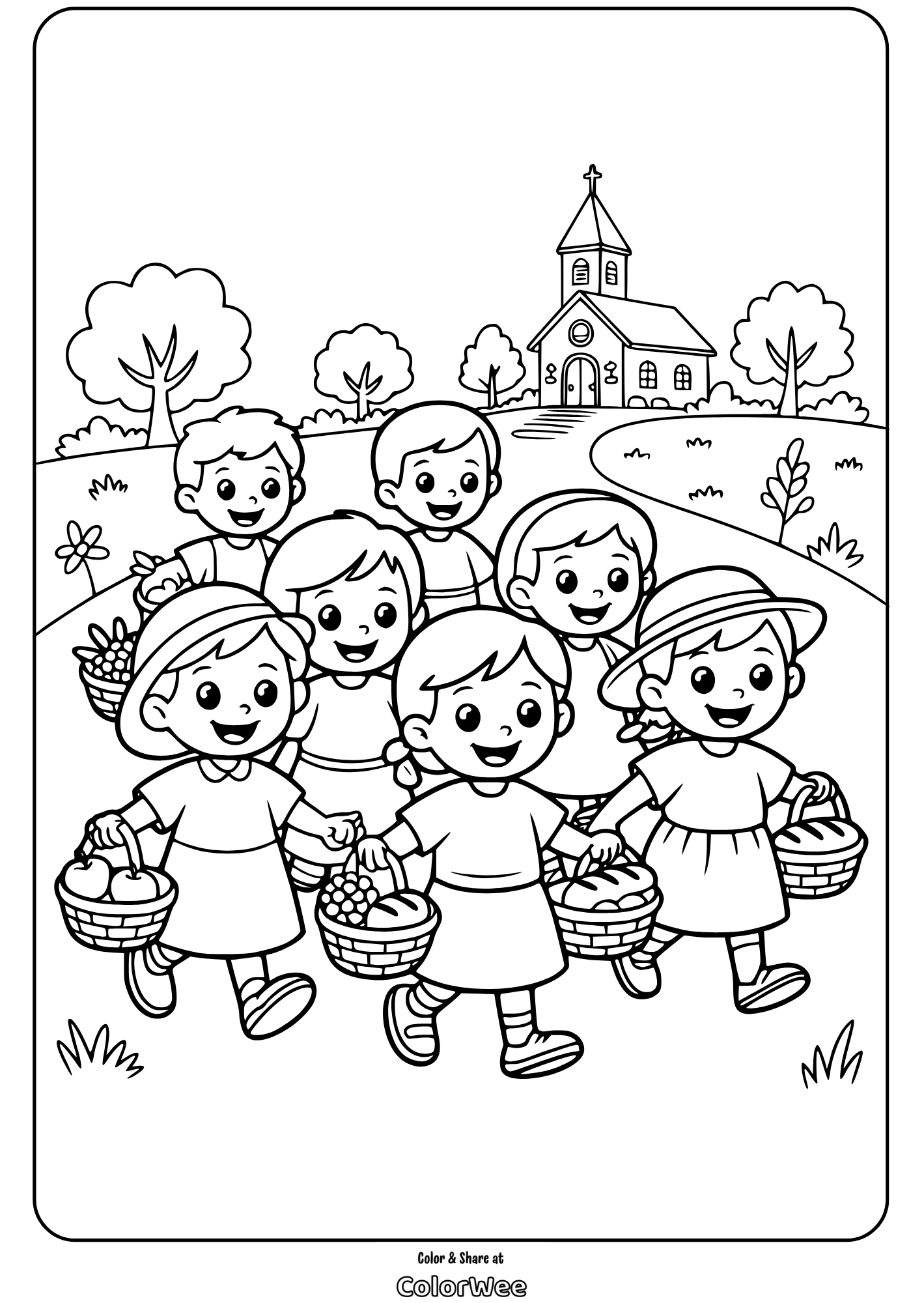 children baskets church coloring page Children with baskets walking outside a church coloring page.