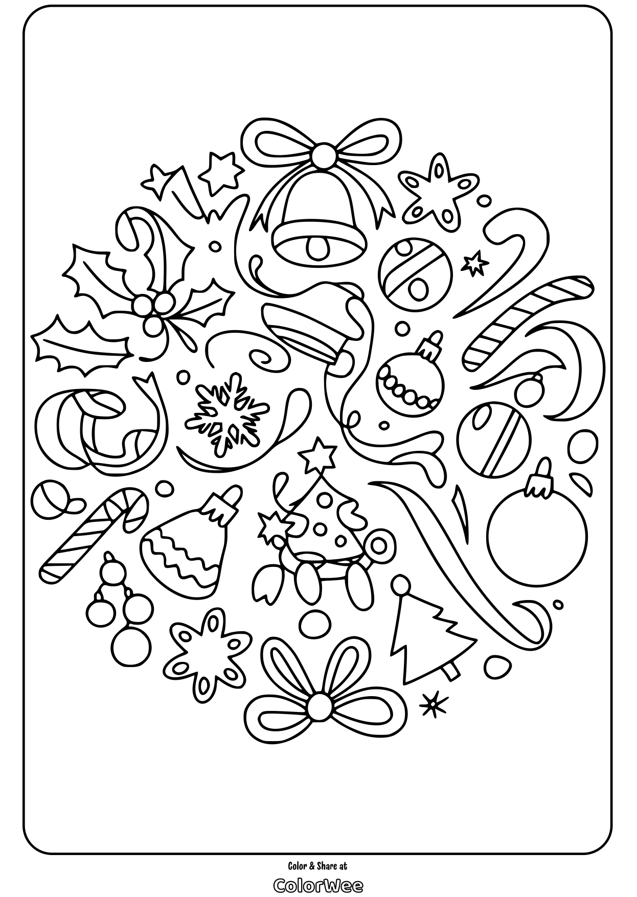 christmas bells ornaments mandala coloring page Christmas-themed coloring page with festive ornaments and symbols.