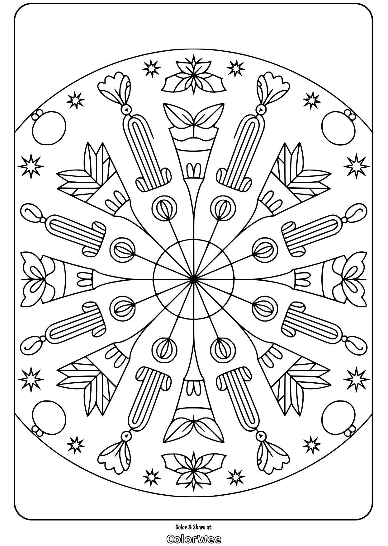 christmas candles mandala coloring page Mandala coloring page with geometric patterns and floral elements.
