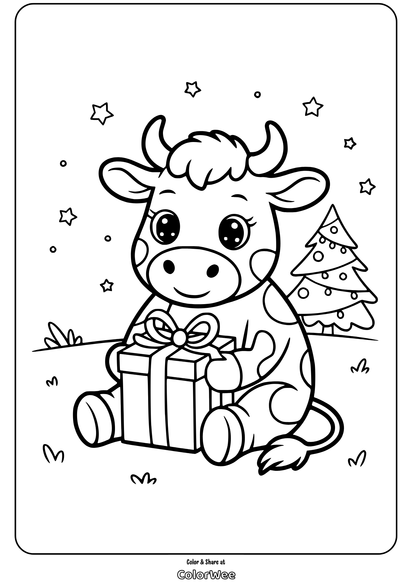 christmas cow 2 Cute cow with a gift by Christmas tree coloring page.