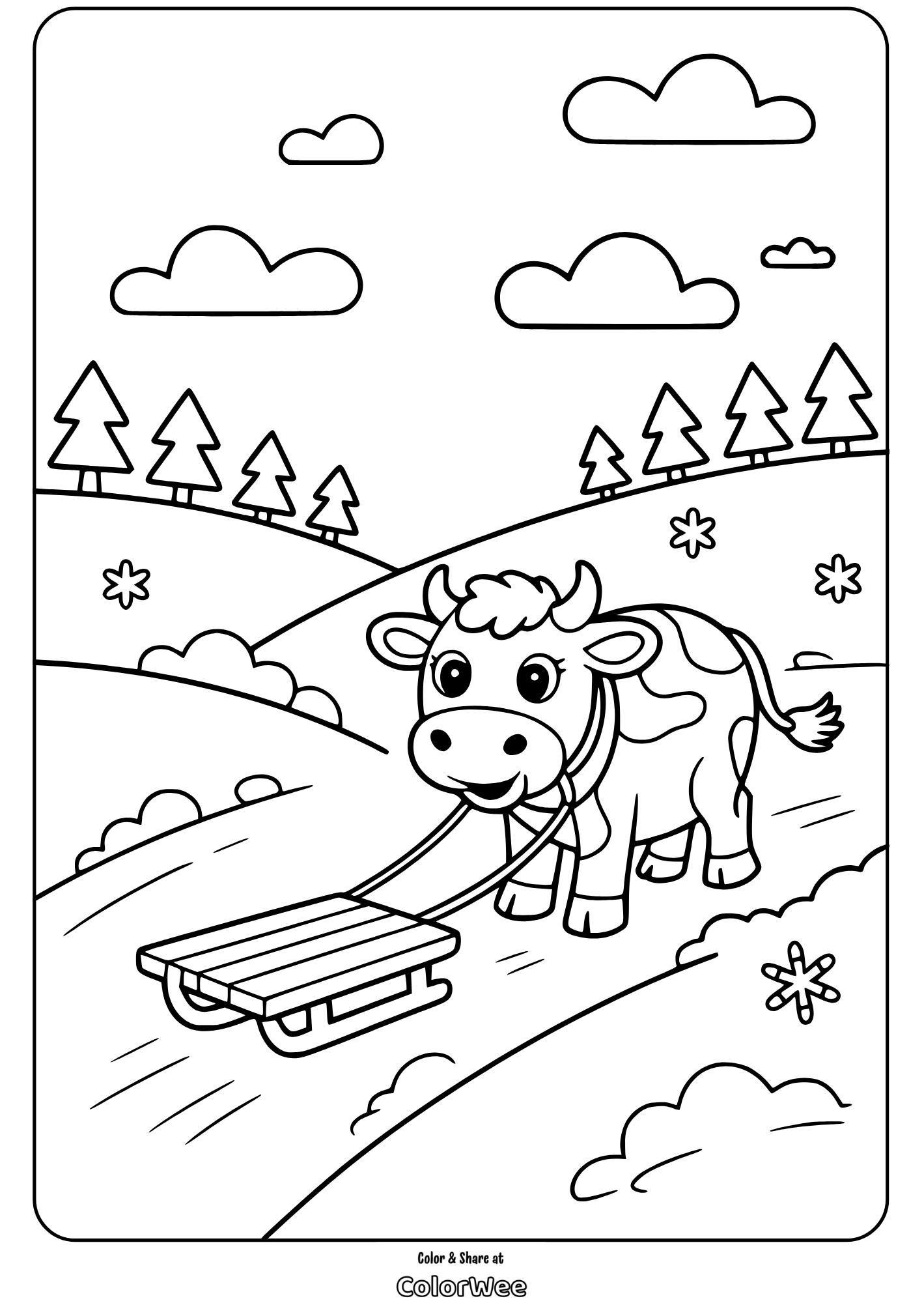 christmas cow 3 Cow pulling sled in snowy forest coloring page.