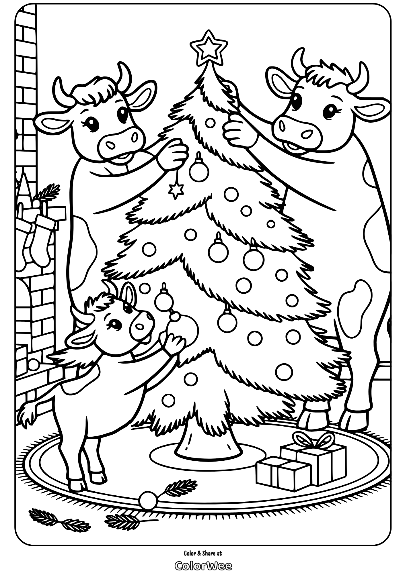 christmas cow 4 Cows decorating Christmas tree coloring page for kids.