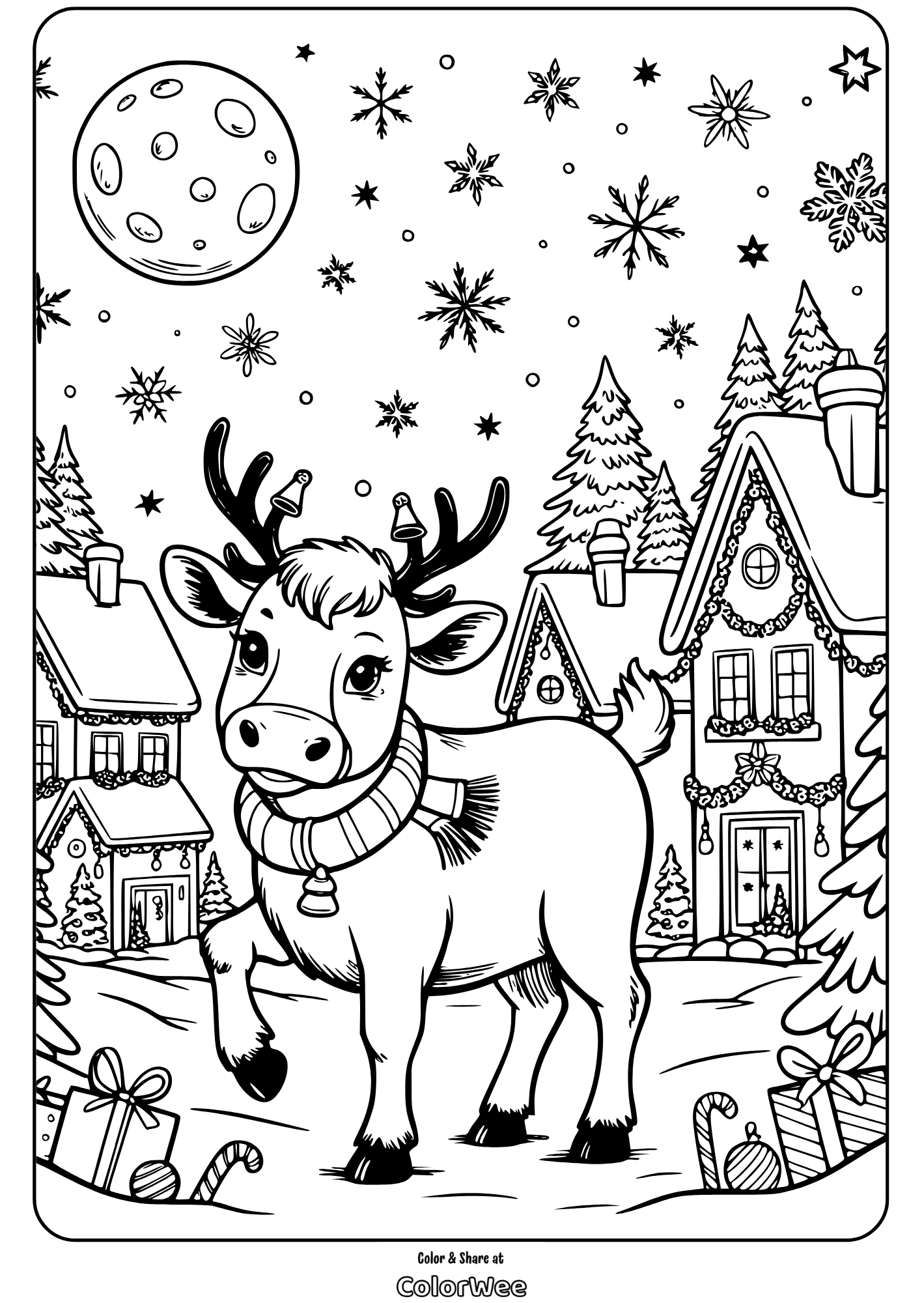 christmas cow coloring page 5 Cute cow in winter village under moonlit sky coloring page.