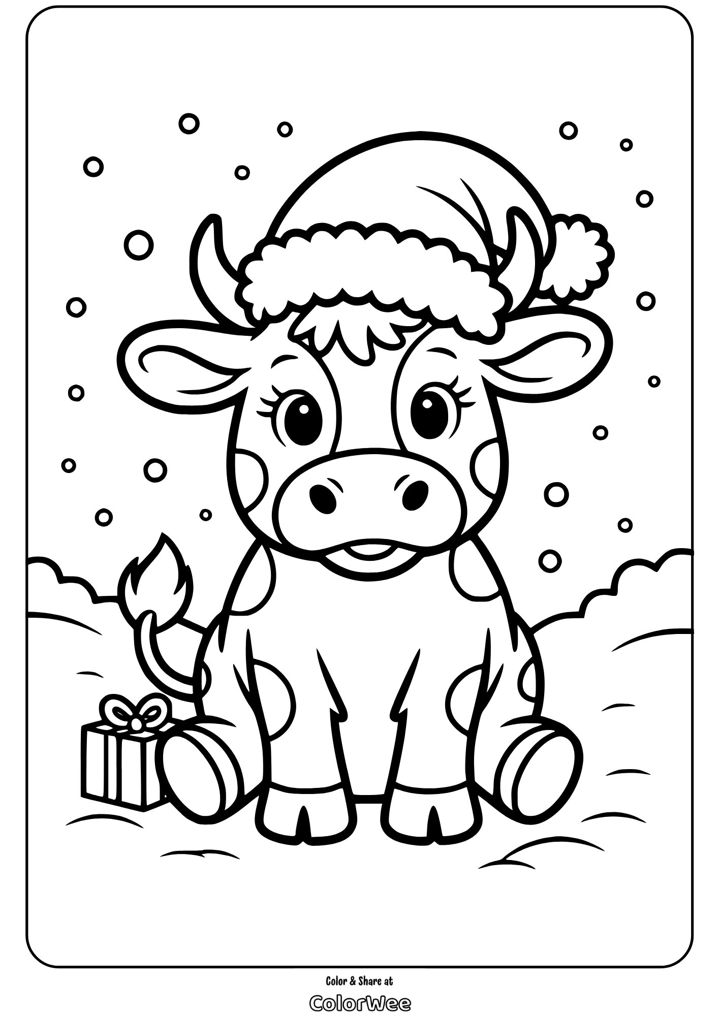 Cute cow in Santa hat with gift, winter coloring page for kids.