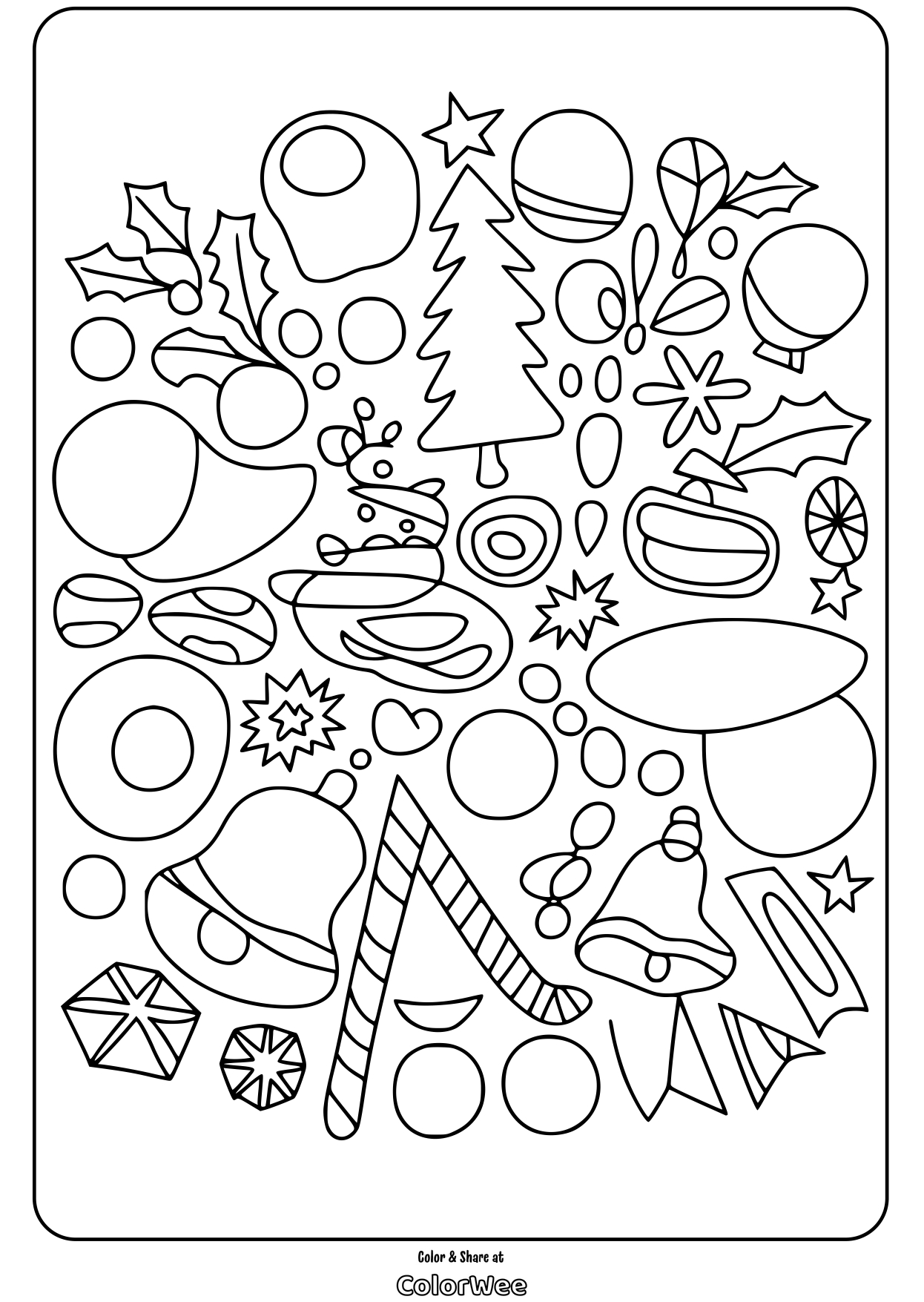 christmas ornaments pattern mandala coloring page Christmas-themed coloring page with tree and ornaments.