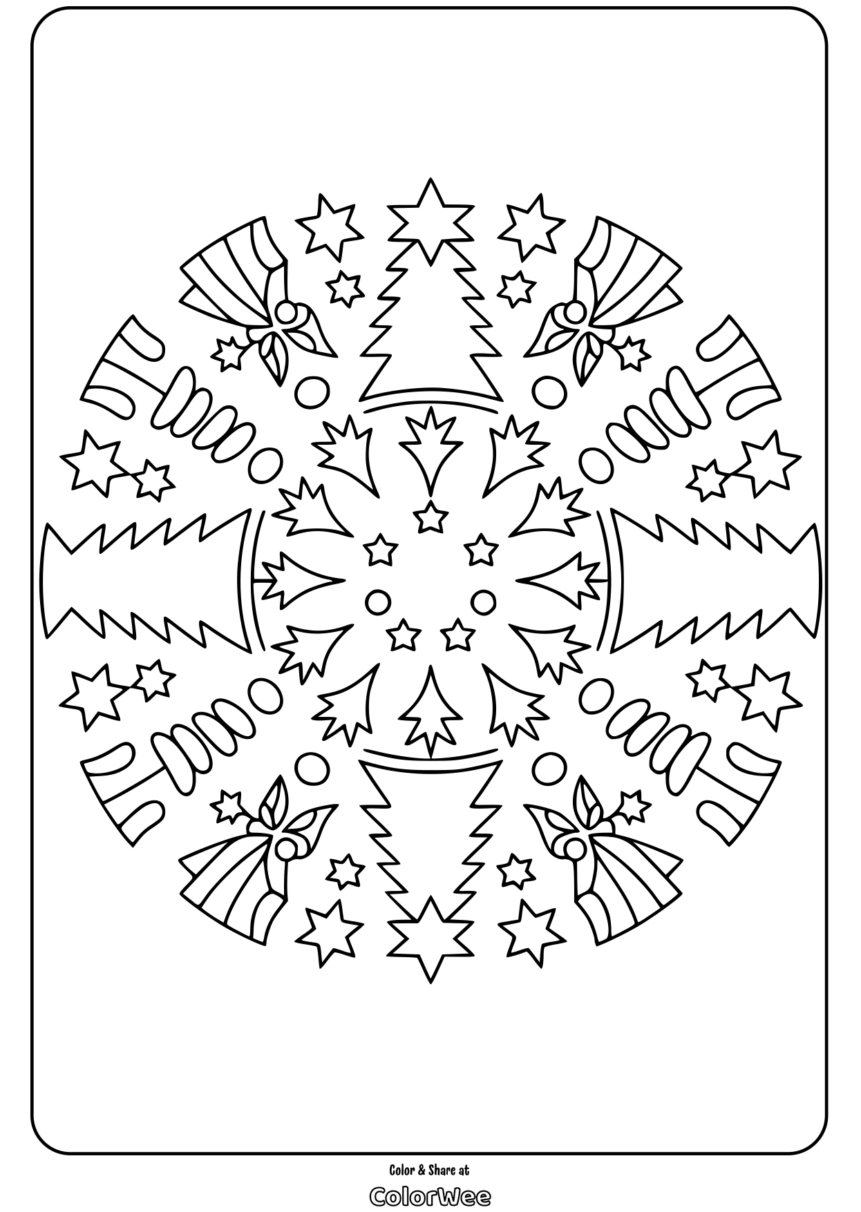 christmas tree holiday mandala coloring page Christmas mandala coloring page with trees and angels.