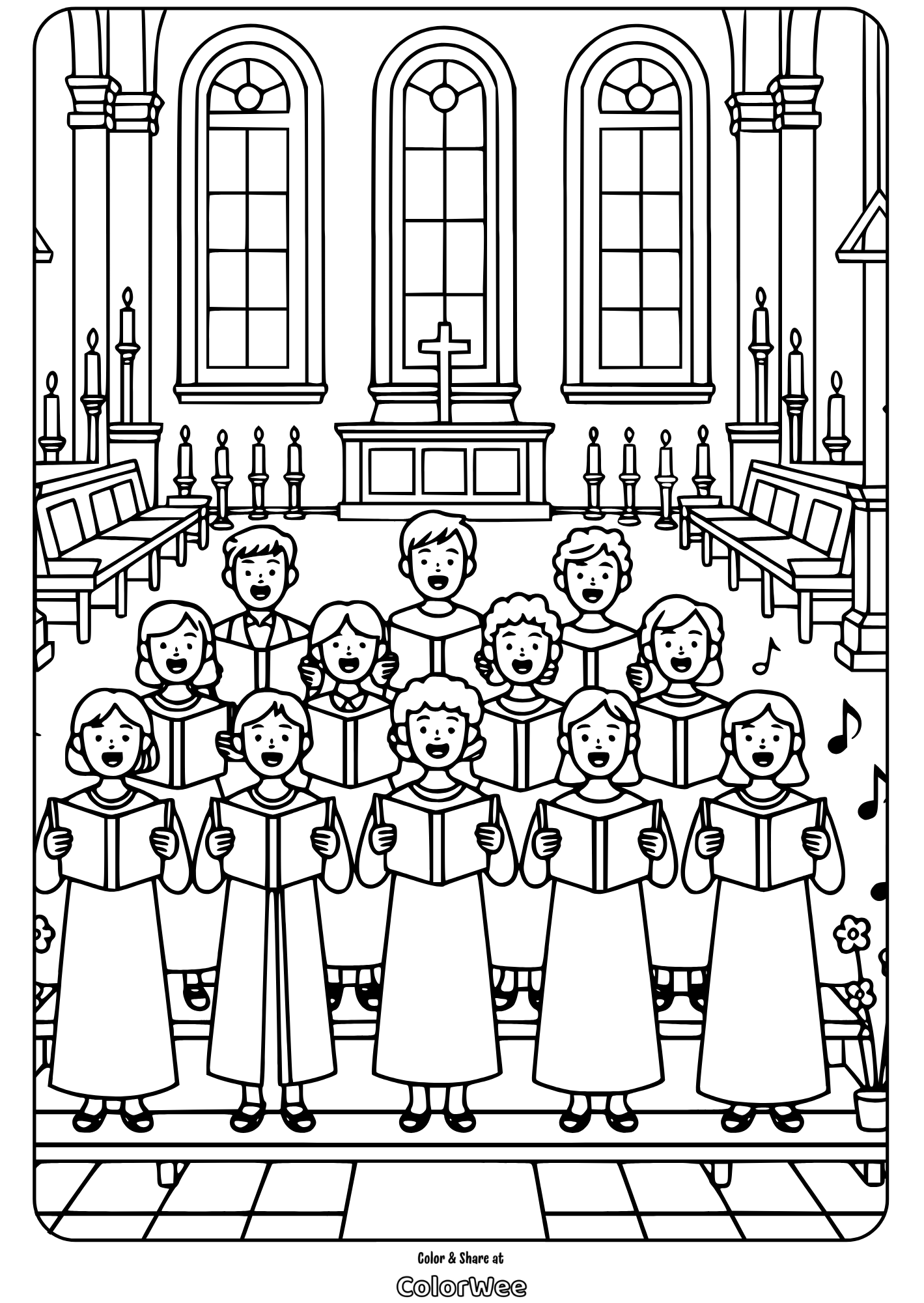 church choir coloring page Children's choir singing in a church coloring page.