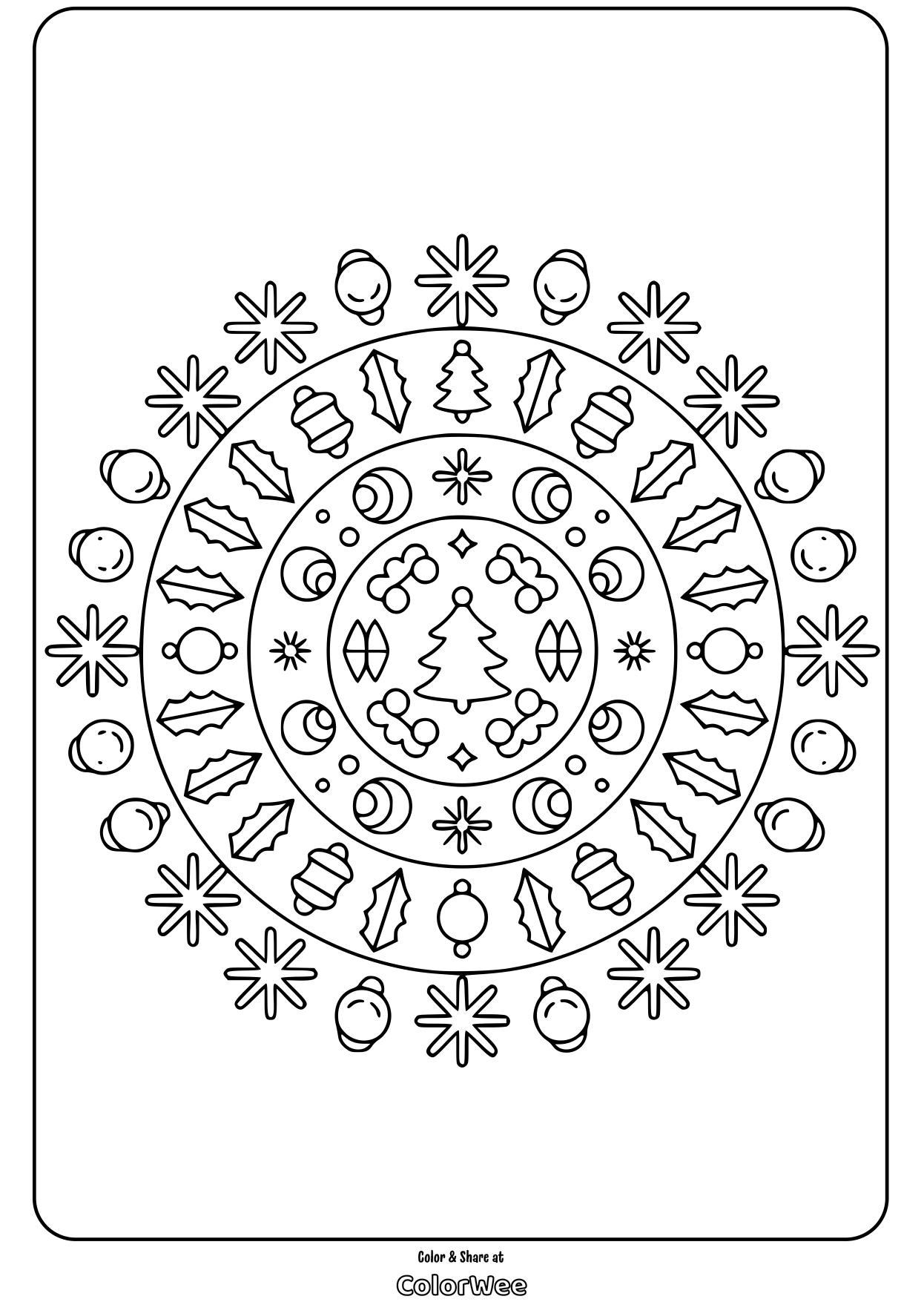 circular holiday christmas mandala coloring page Christmas mandala with tree and festive patterns coloring page.